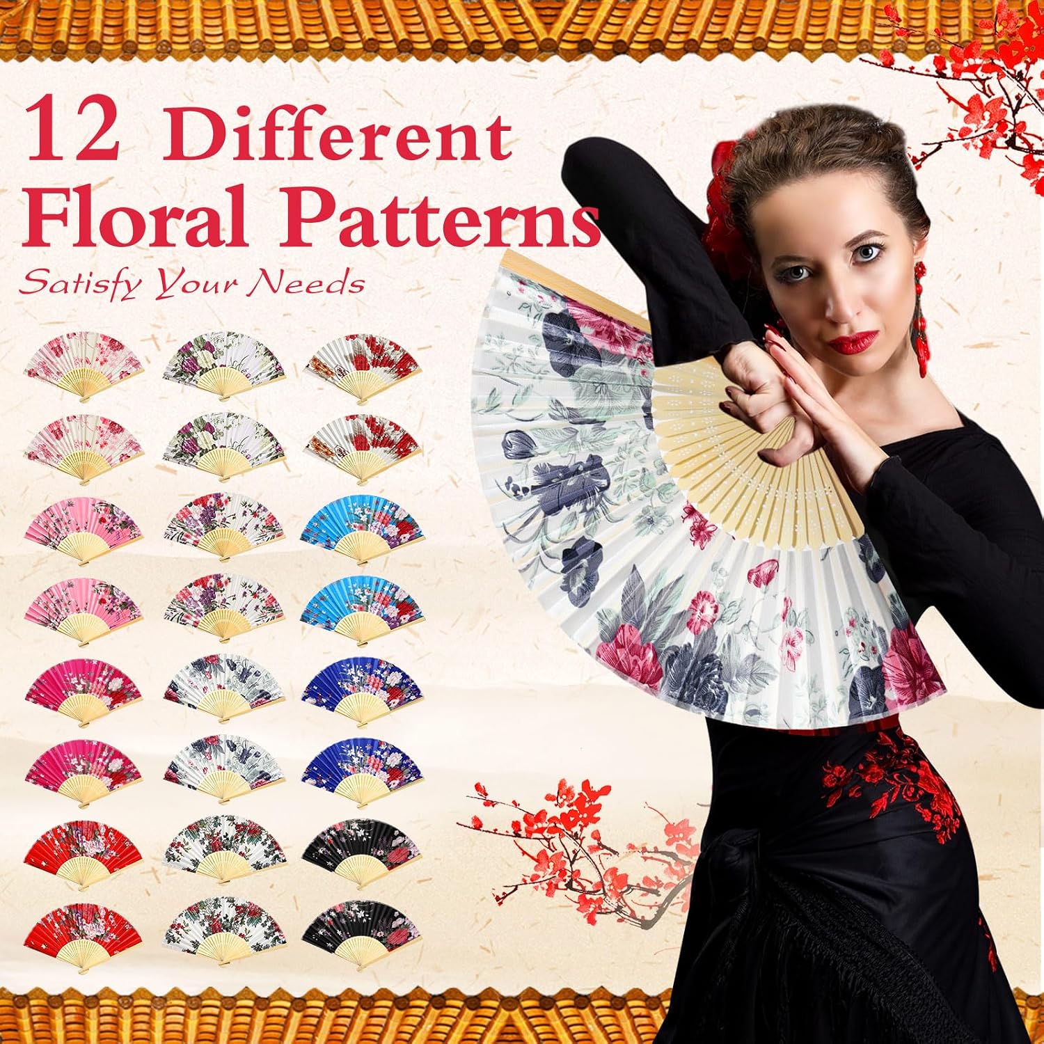 Unittype 24 Pieces Floral Folding Hand Fans for Women Foldable Vintage Fan with Different Flower Patterns Chinese Fan with Bamboo Rib Hand Held Fans for Wedding Party Favors Gifts (Chinease Style)