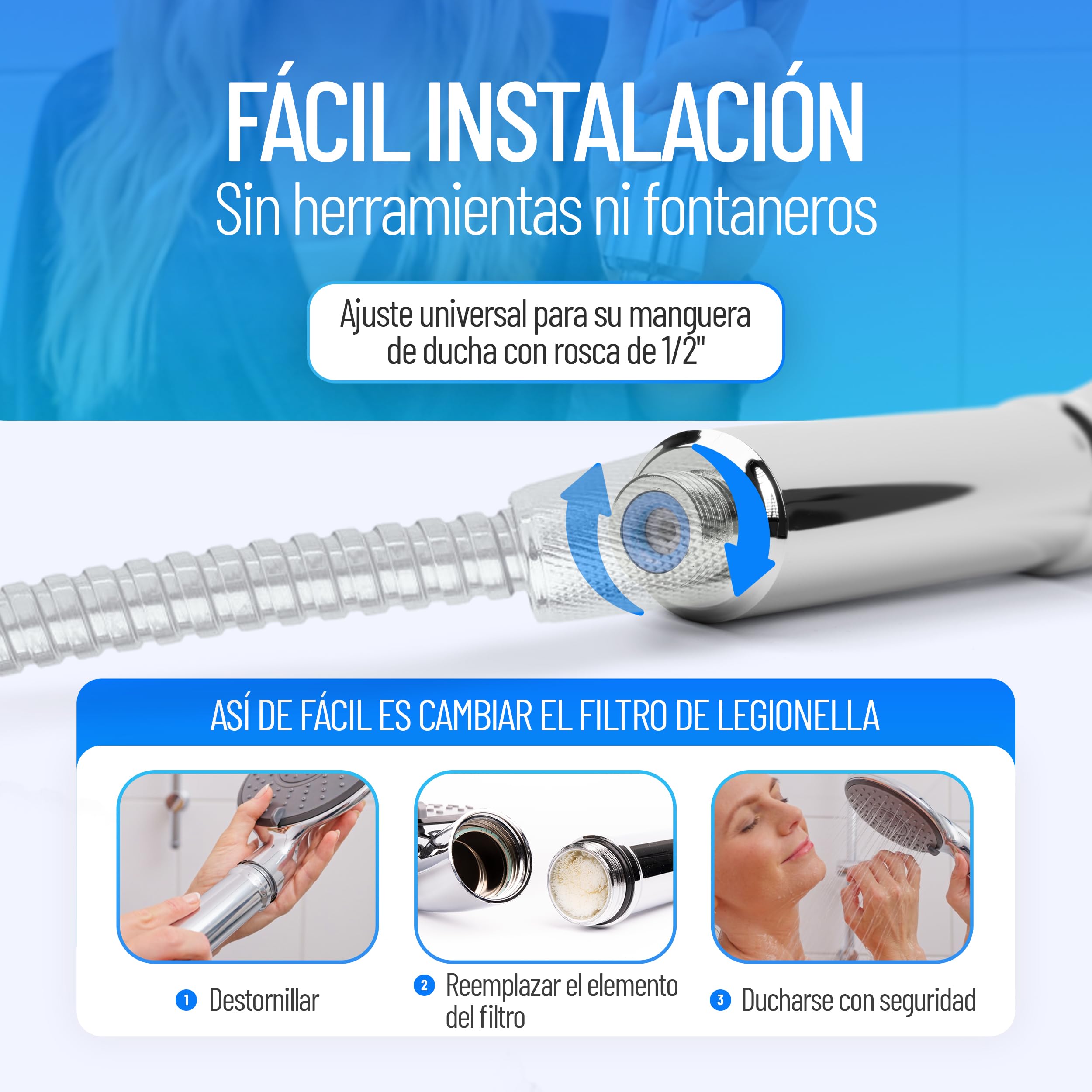 Cabezal de ducha con filtro Legionella, protección a largo plazo, elegante y discreto