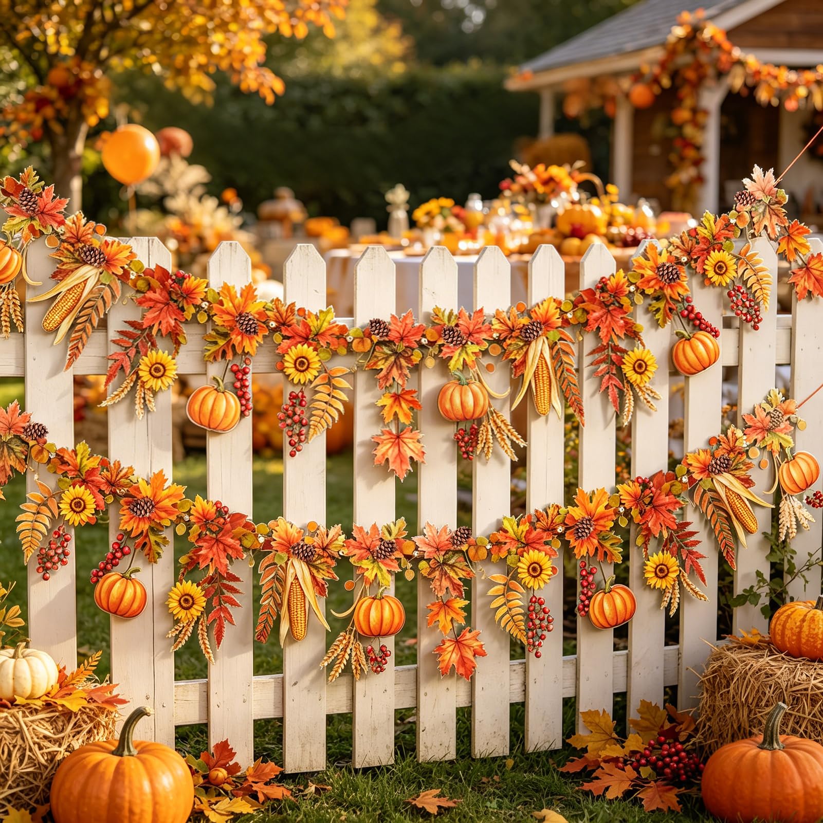 SUNBEAUTY 19.6Ft Autumn Garland Decor PET Harvest Maple Banner Backdrop
