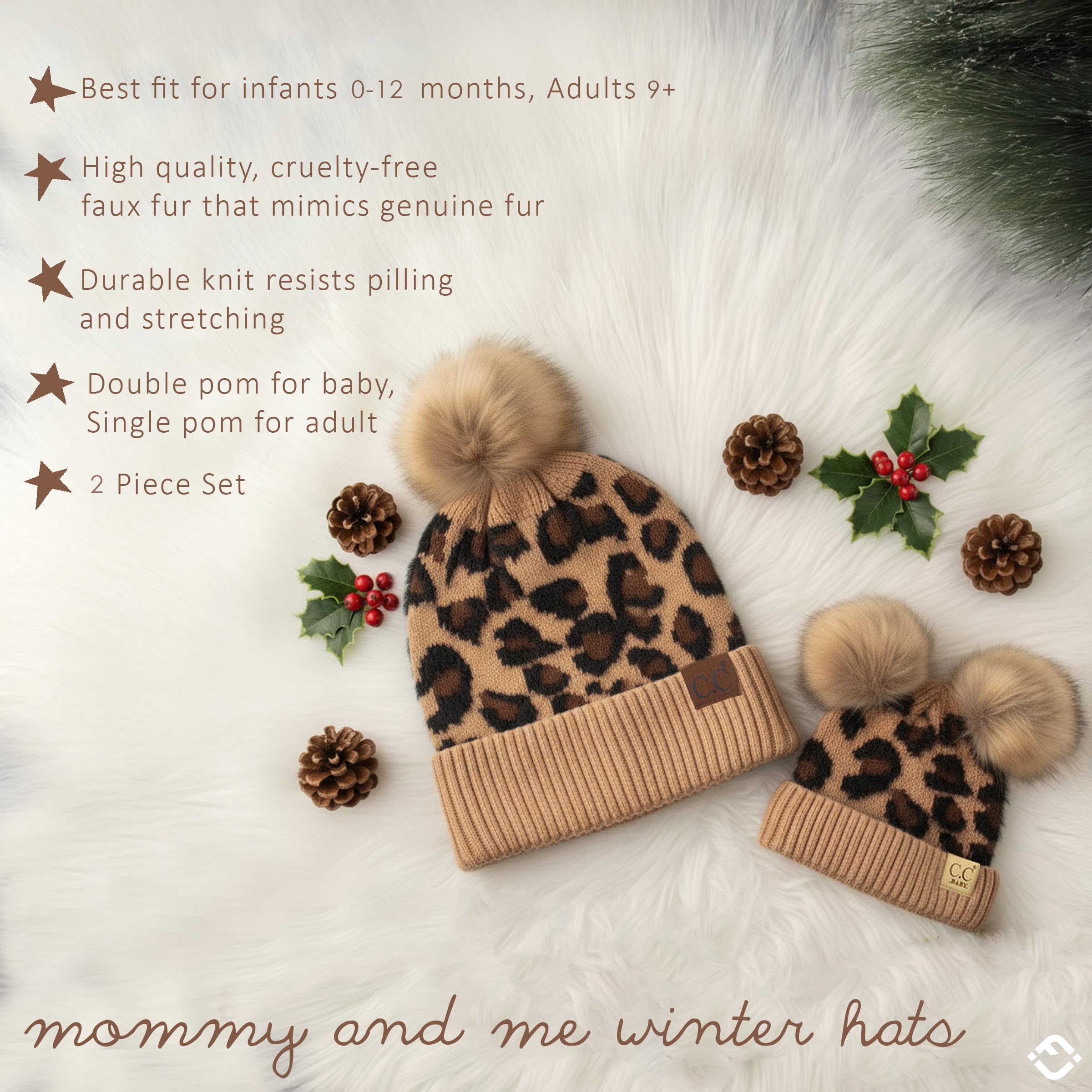 Funky Junque Gorros de invierno suaves y cálidos para adultos, a juego con pompones, Leopard Latte (paquete de 2) - 1 adulto, 1 bebé (0-12 meses), talla única