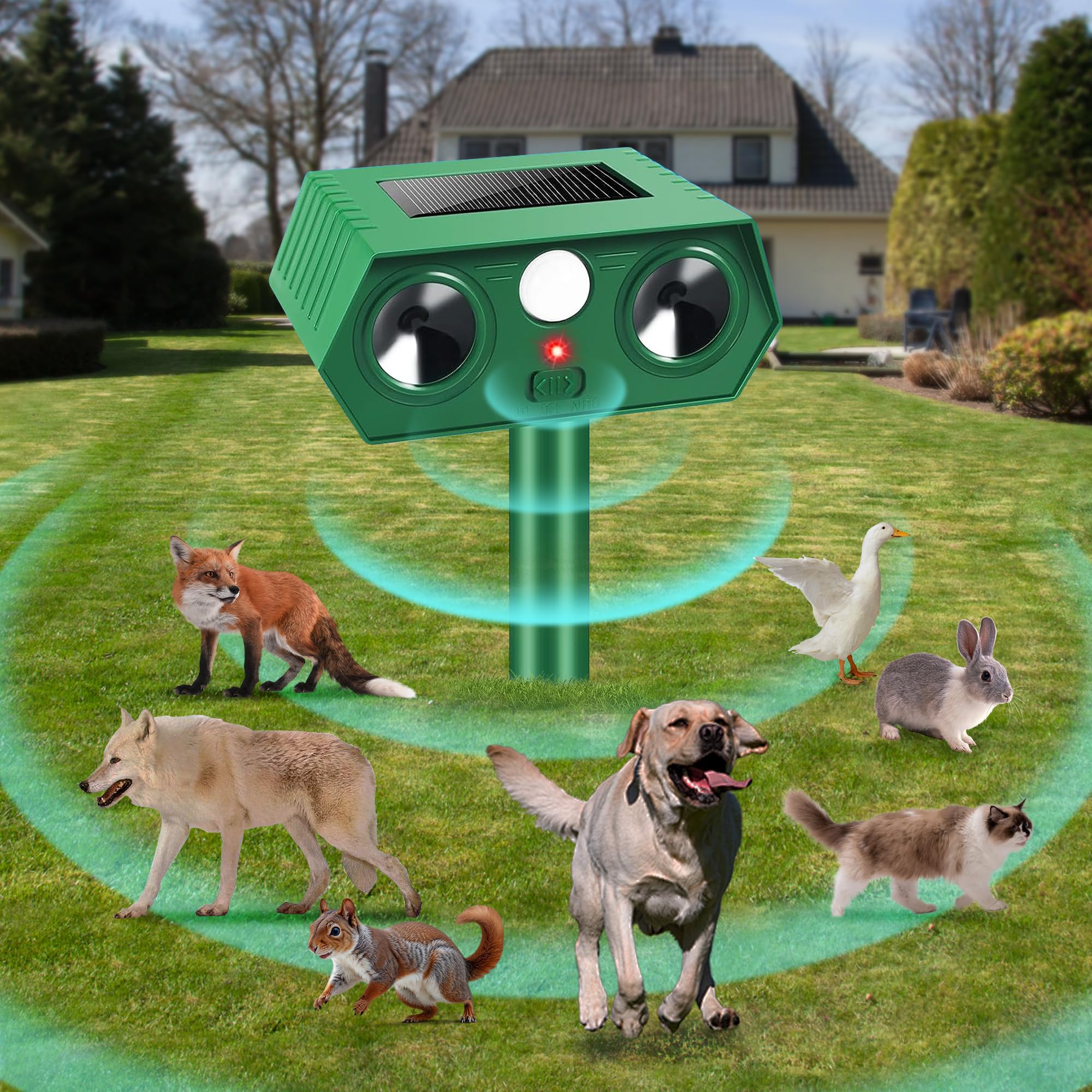 Ultrasonic Cat Repellent for Gardens UK, Solar Powered Fox Repeller, IP55 Waterproof Pest Repellent with Motion Sensor, for Garden Yard Cats, Dogs, Fox, Bird
