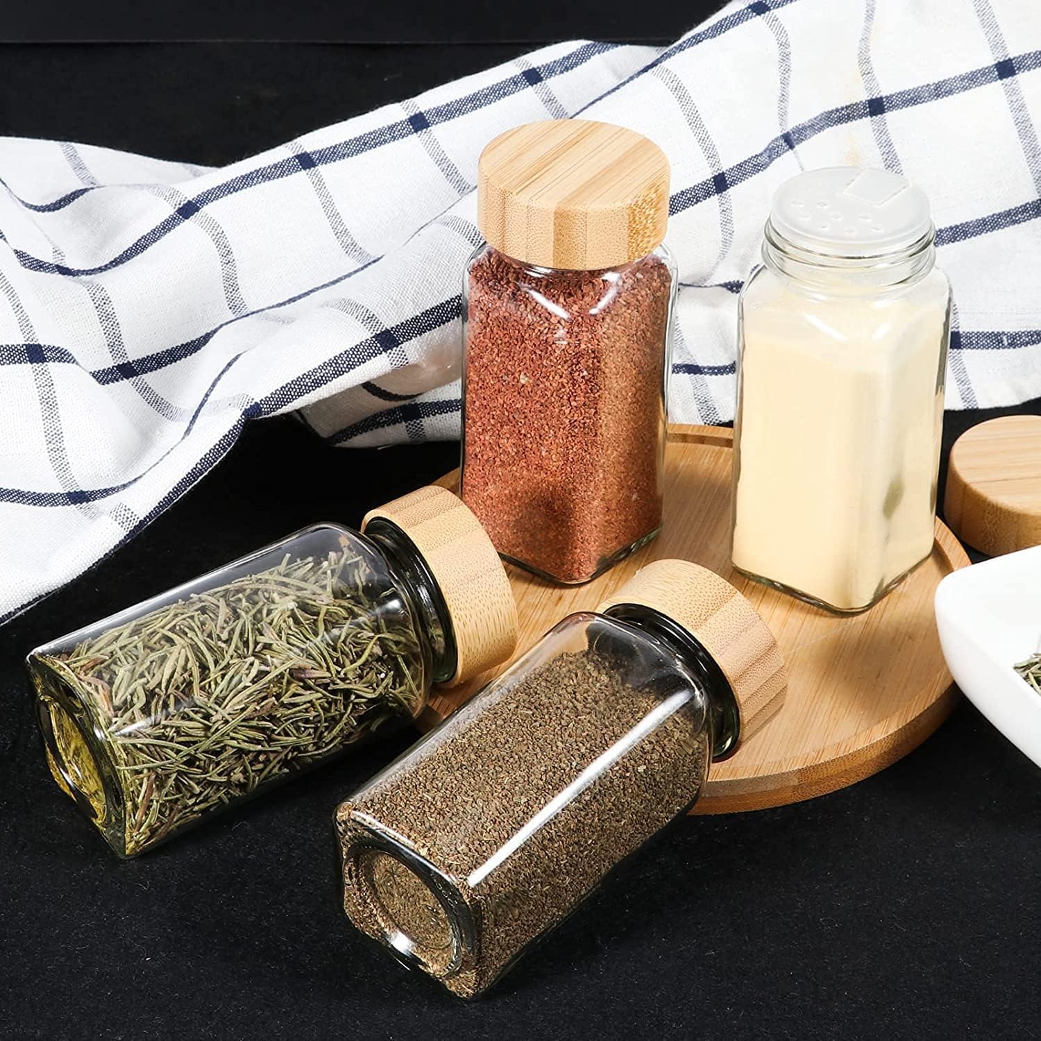 TFixol Gewürzgläser aus Glas mit 40 Aufklebern, 118 ml, 24 Streudeckel und AI-GHT-Metallkappen, Farbstift, zusammenklappbarer Trichter und Lappen aus Silikon, 24 Stück, 24 Stück