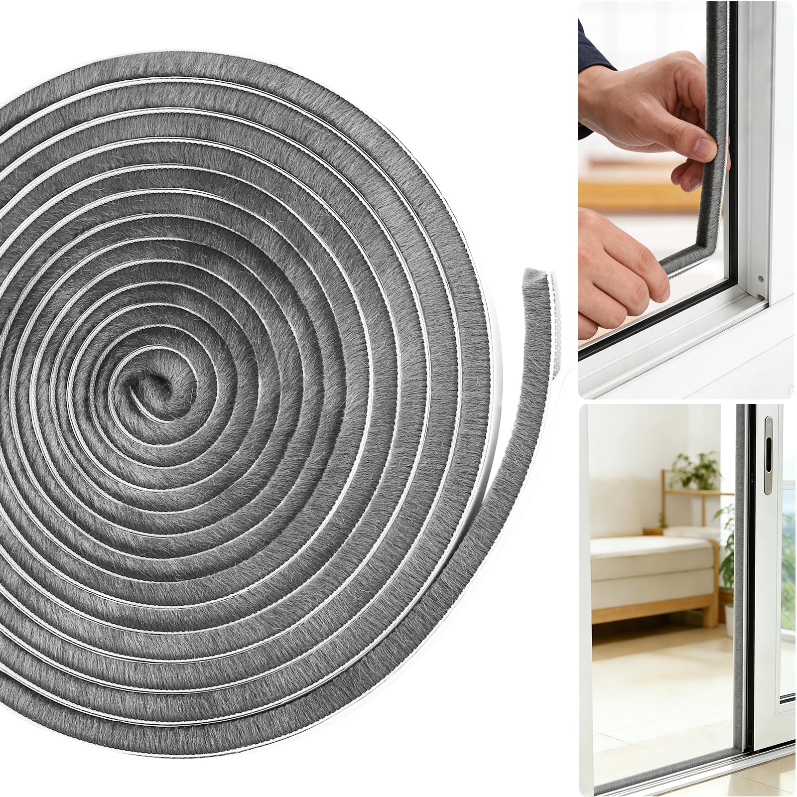 Draught Excluder for Doors and Windows, 6M Self Adhesive Brush Weather Stripping, 9mm x 9mm High Density Pile Seal Strip for Sliding Door- Windproof, Soundproof & Energy Saving (Grey, 9mm*5mm*6m)