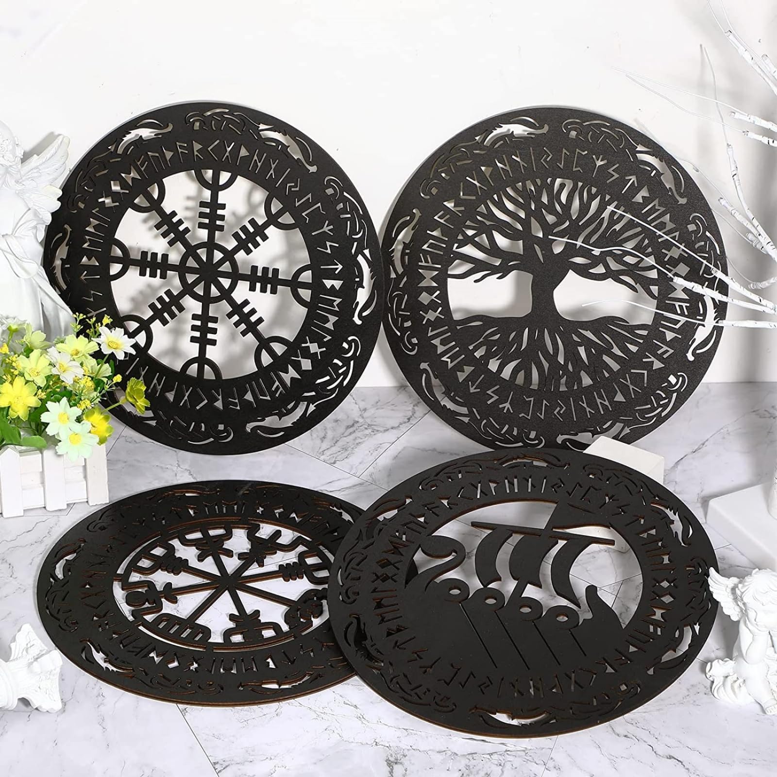 Décoration Murale Viking - 4 Plaques Bois Avec Runes, Boussole, Arbre De Vie, 30x30cm