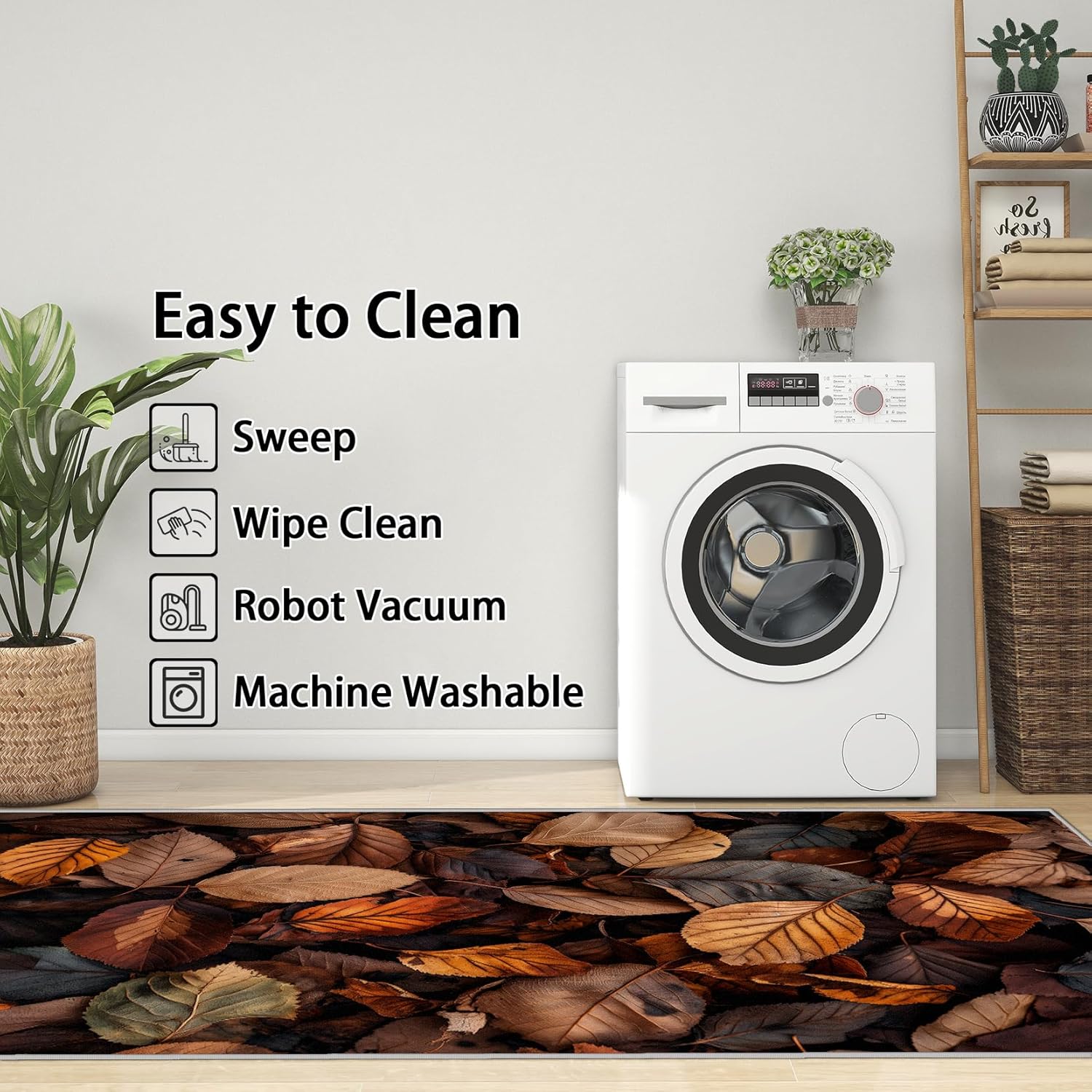 Leaf Rug 2x3 - Brown, Soft, Non Slip, Low Pile, Machine Made, Area Rug, Living Room Decor