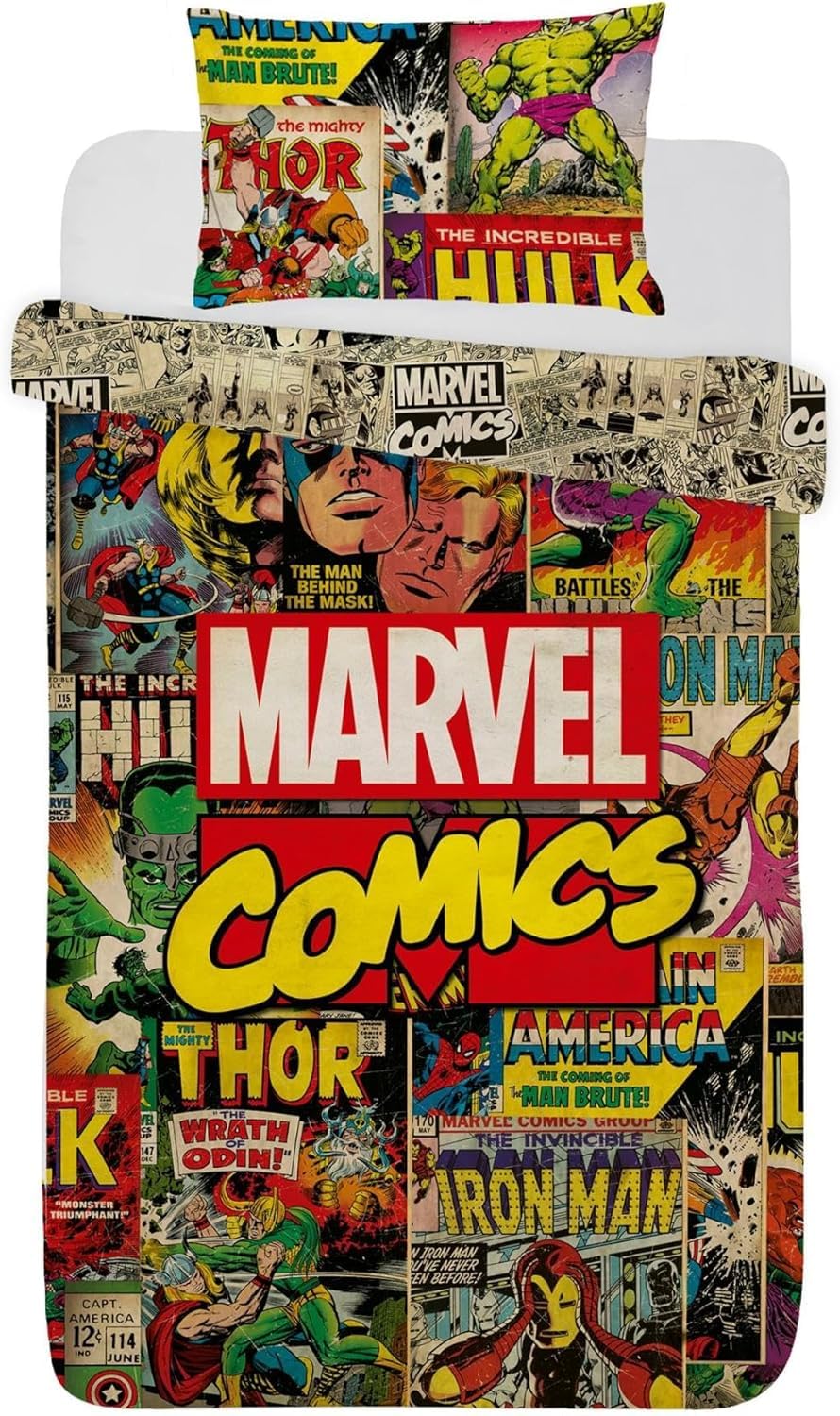 Marvel Comics Single Duvet Cover Set Reversible Bedding with Pillowcase – Official Marvel Superhero Quilt Cover – Soft Easy Care Bed Set for Kids Boys Teenagers – Single Size