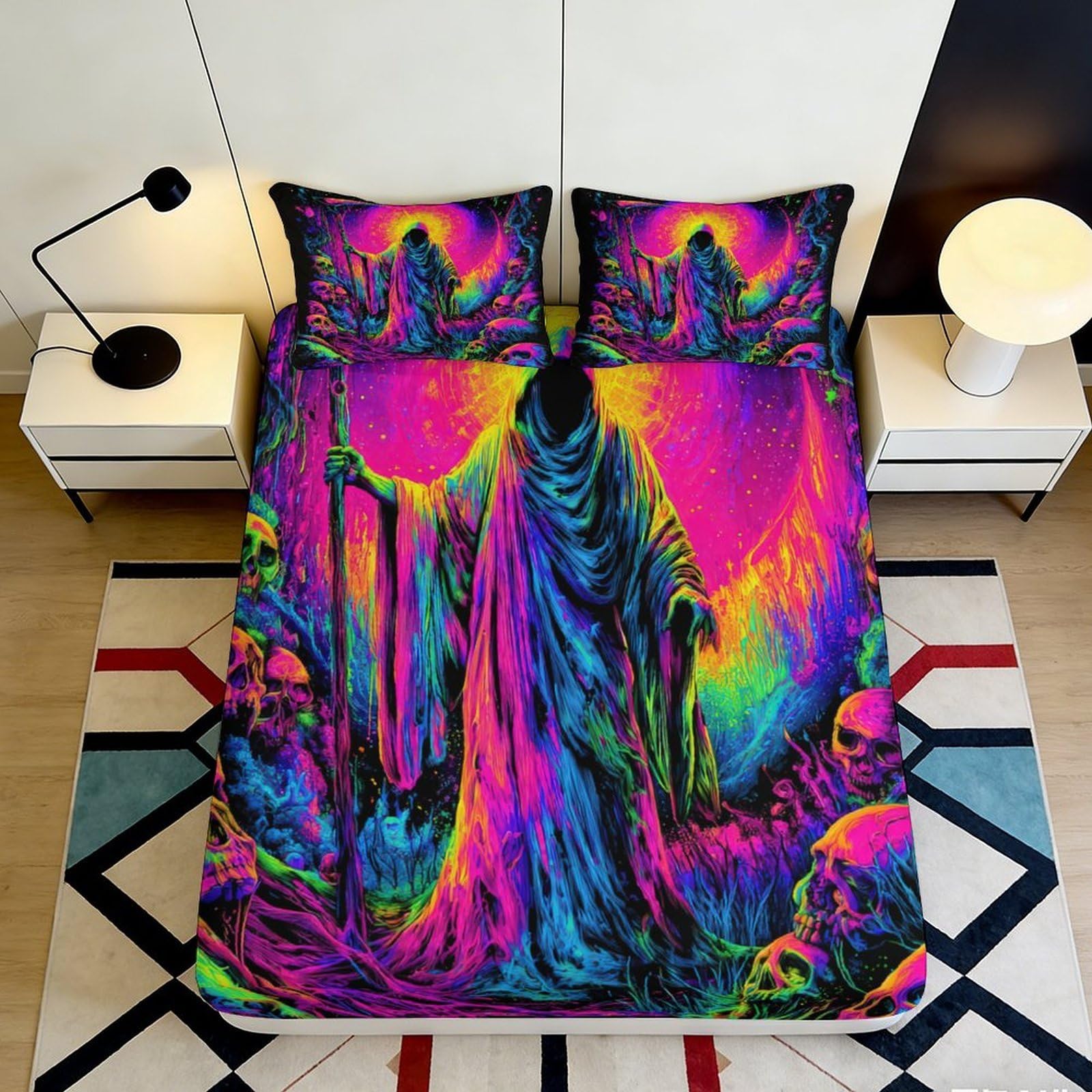 3D Printed Neon Grim Reaper Fitted Sheet Microfiber Vibrant Skull Mattress Cover Bedroom Dorm Protector Decor 90x200x25cm