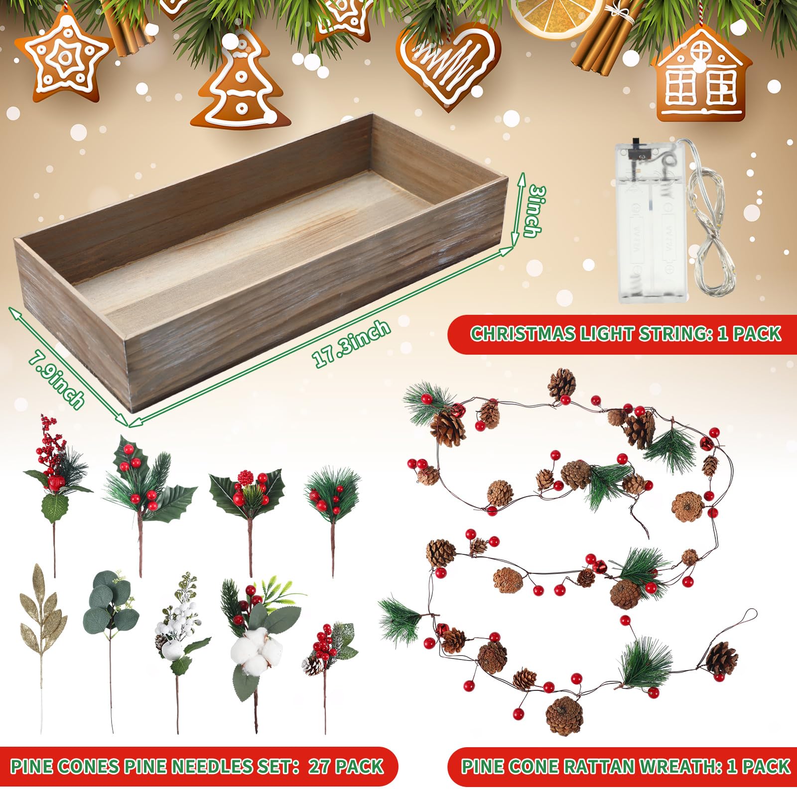 Leinuosen Lot de 30 décorations de table de Noël assorties - Guirlande de baies en rotin - Pomme de pin avec lumière LED - Arrangements floraux pour Noël - Décoration d'intérieur