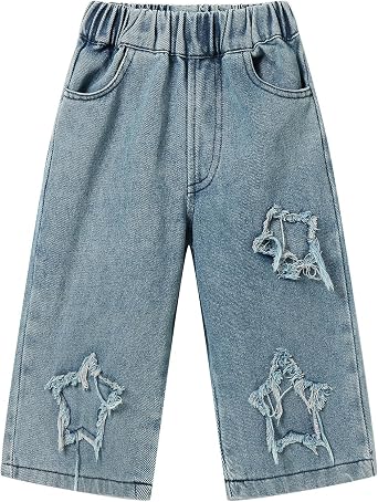 Mud Kingdom Girls Jeans with Elastic Waist Pull On Wide Leg Pants Denim Blue Loose Stretch