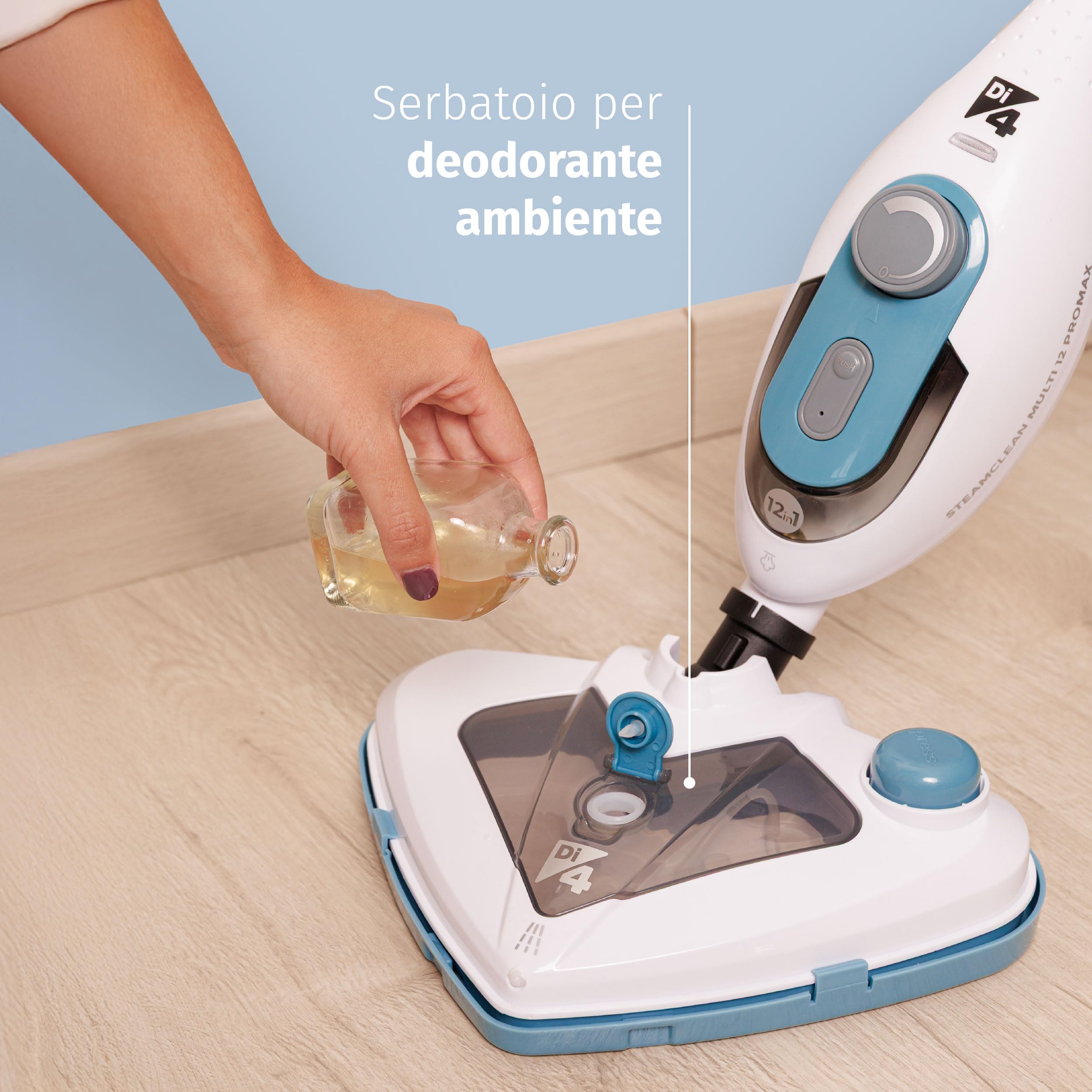 Di4 SteamClean Multi 12 ProMax, Lavapavimenti a Vapore Multifunzione 12 in 1, 1500W, Elimina 99,9% di Virus e Batteri, Scopa Vapore ECO, Steam Cleaner per tutta la casa, Pulitore Vetri, Pulisci Divano