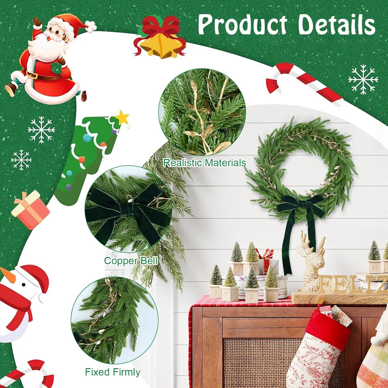 17" Christmas Wreath for Front Door with Golden Leaves & Green Velvet Bow, Real Touch Norfolk Pine Wreath Realistic Winter Cedar Wreaths for Indoor Outdoor Decorations, Wall Window Xmas Decor - Image 3