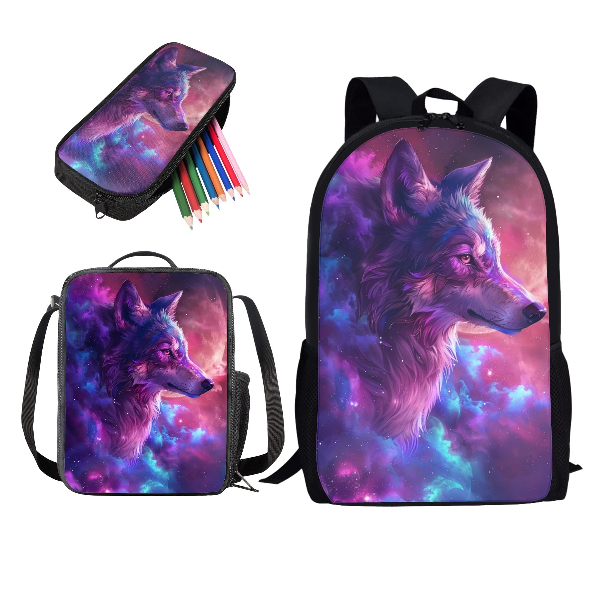 Wanzuoeng 3Pcs Backpack Set for Kids, Wolf Cloud Galaxy Print School Backpack and Lunch Box Set for Kindergarten Elementary, 17 Inch Lightweight