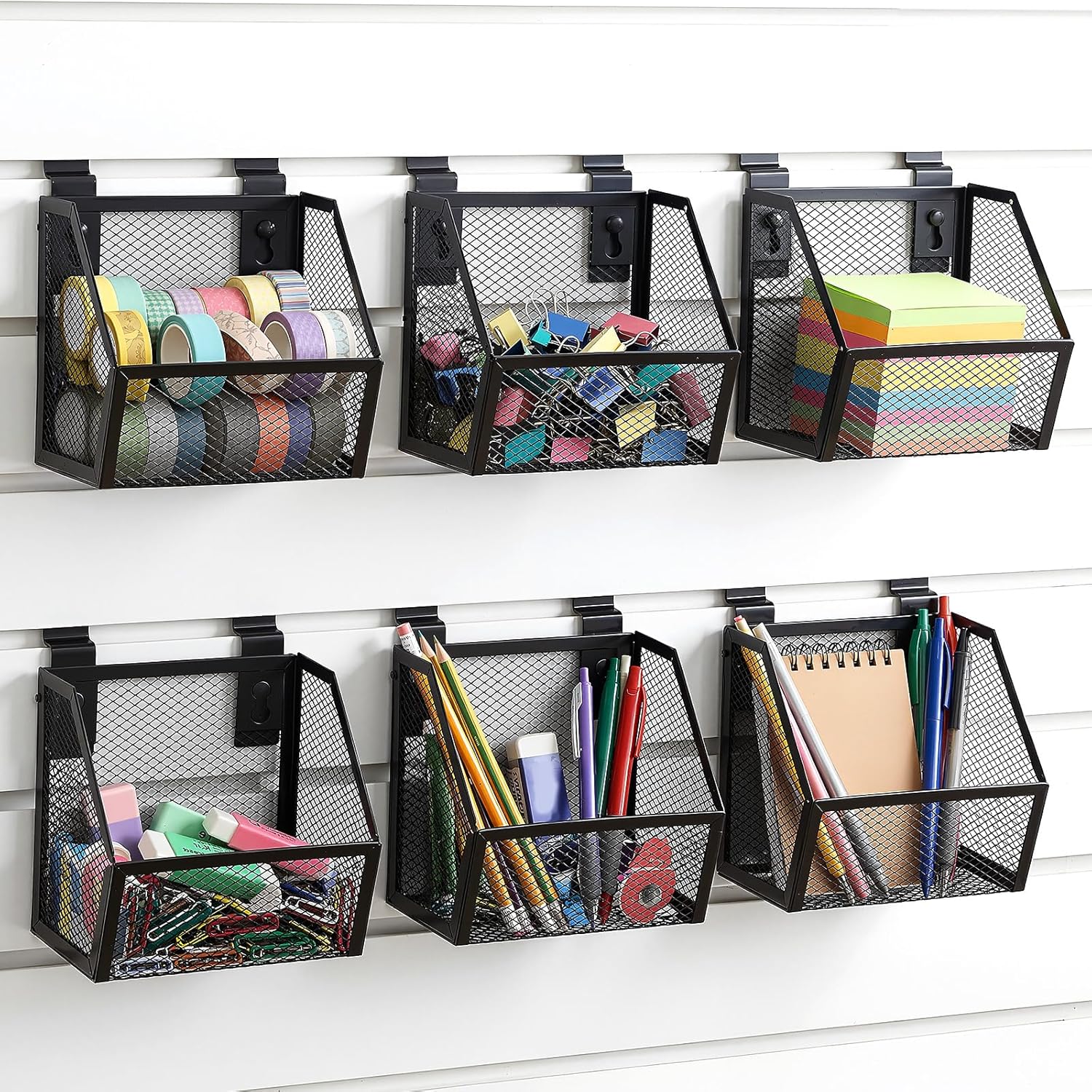 6 Set Slatwall Bins with Metal Hooks Mesh Slat wall Mounted Hanging Holder Slatwall Containers Storage Organizer Accessories for Craft Garage Tool Storage Room Panel Classroom Home