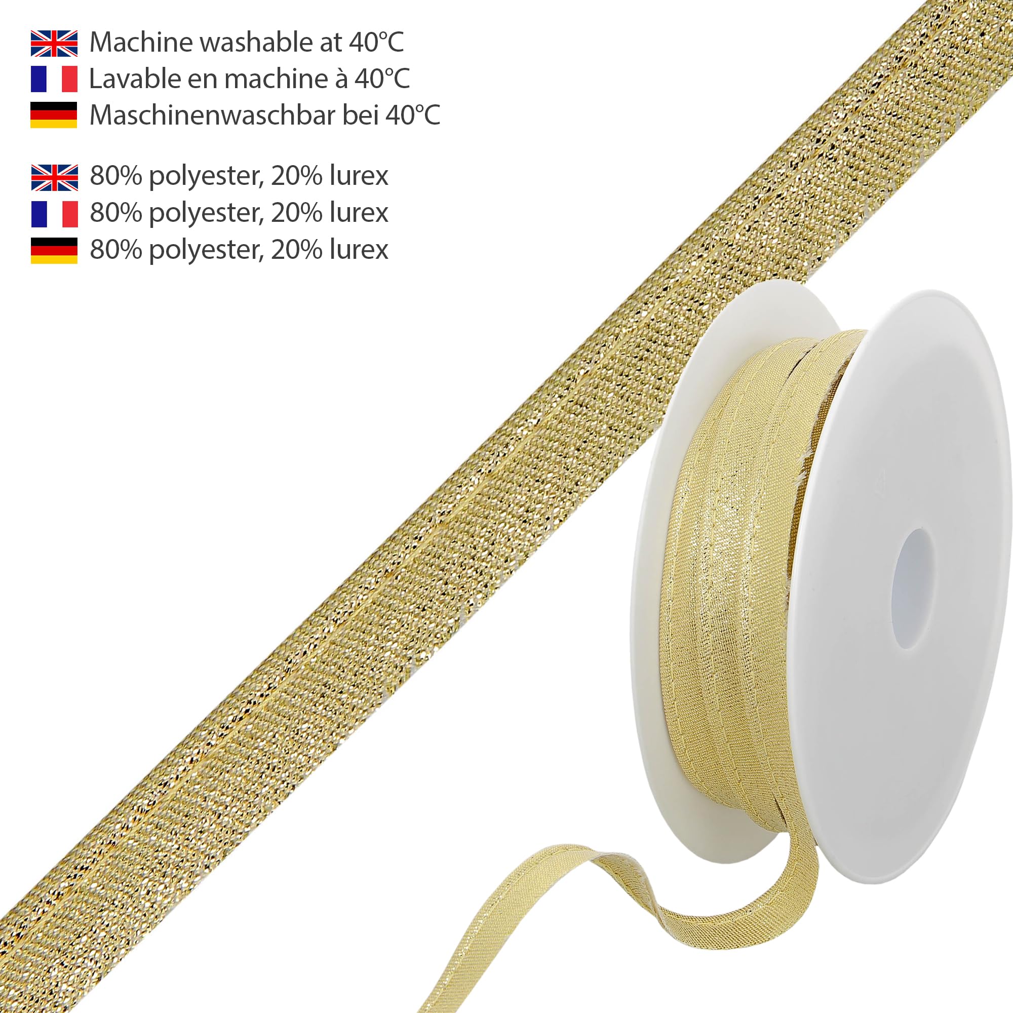 Metallischer Paspelfaden – 10 mm breit, 25 m Rolle, 80% Polyester, 20% Lurex, Kanten zum Nähen, Banner, Polster, Möbel, Paspeln, Kleidung, Decken, Gold