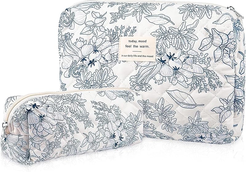 Gosect Conjunto com 2 Necessaires de Maquiagem Florais, Azul-marinho