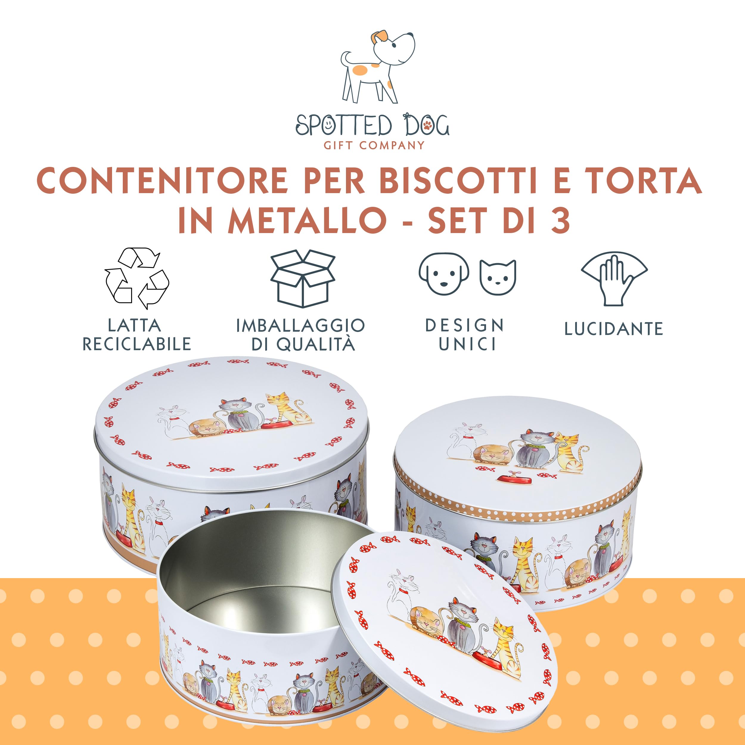 SPOTTED DOG GIFT COMPANY Set di 3 Scatole di Latta, Contenitori Impilabili per Biscotti in Metallo, Barattoli di Latta Rotondi Ermetici per Conservare Torte e Alimenti, Piccoli Medi Grandi - Gatti