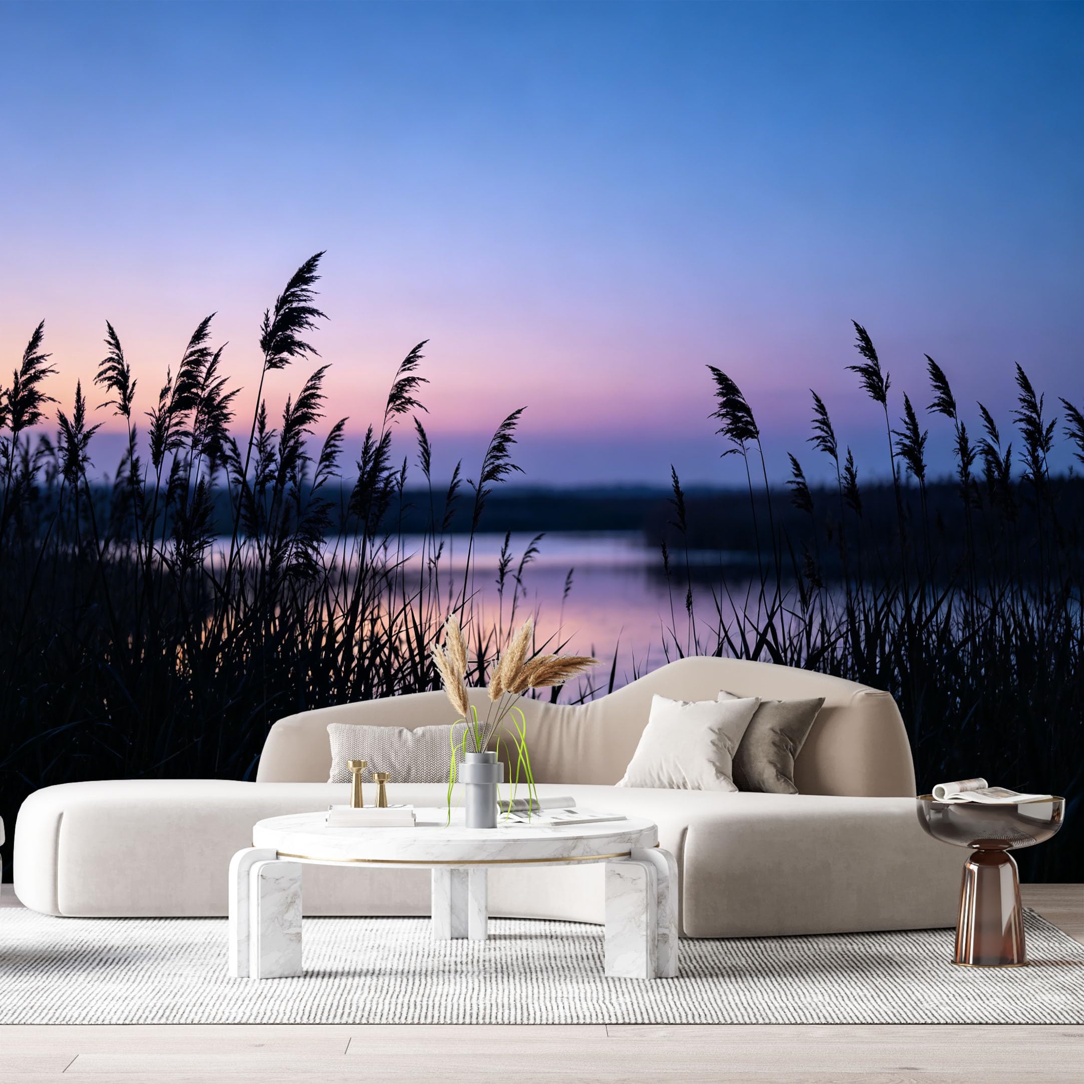 Custom Size Wall Murals Sunset Lake Landscape Watercolor Silhouette Reeds Horizon Reflection SelfAdhesive Wall Fabric Removable Large Wallpaper for Photo Living Room