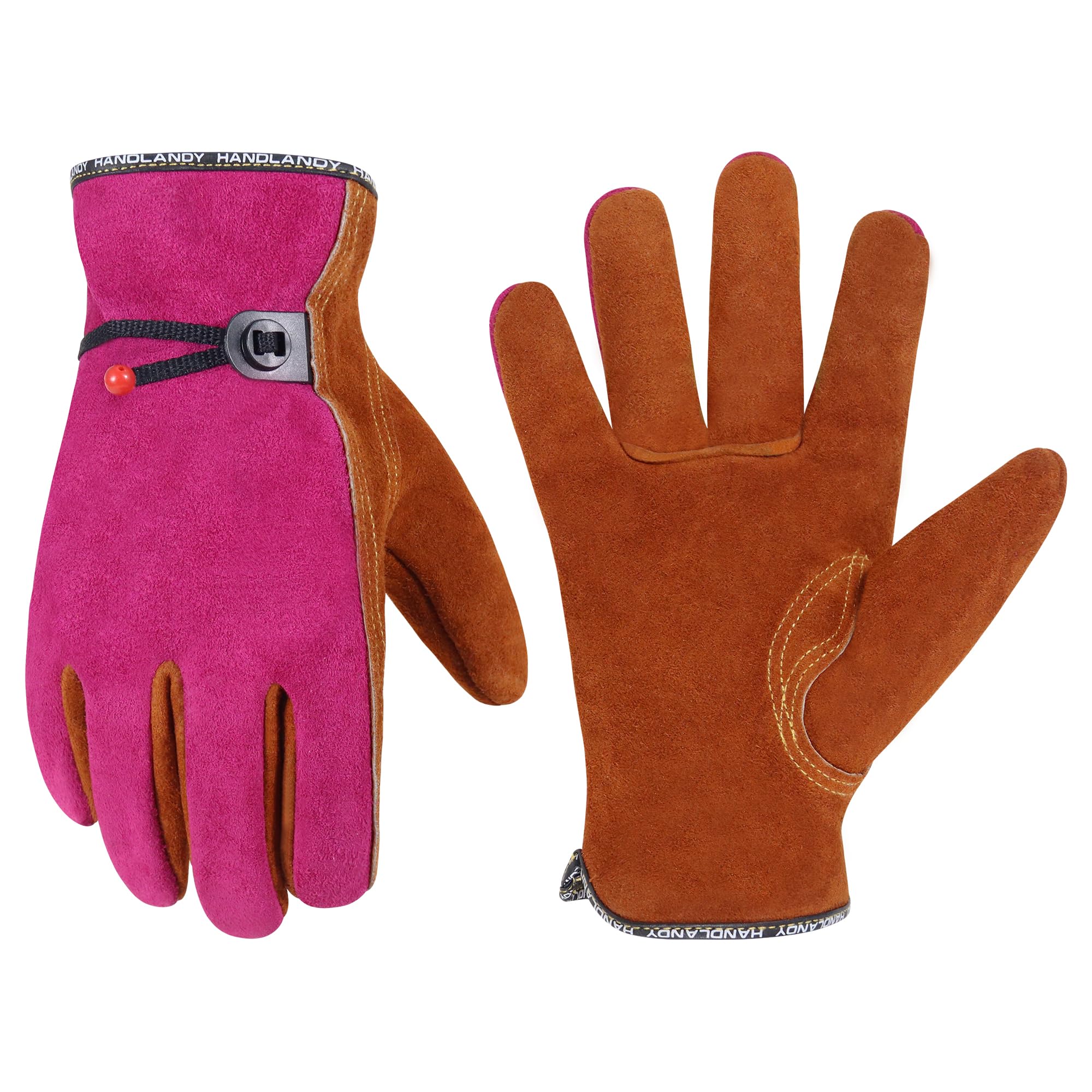 HANDLANDY Leather Work Gloves for Women, Cowhide Leather Thorn Proof Working Gloves, for Tig Mig Welding, Woodworking, Driving, Tool Handling, Gardening (Camel-Pink, S)