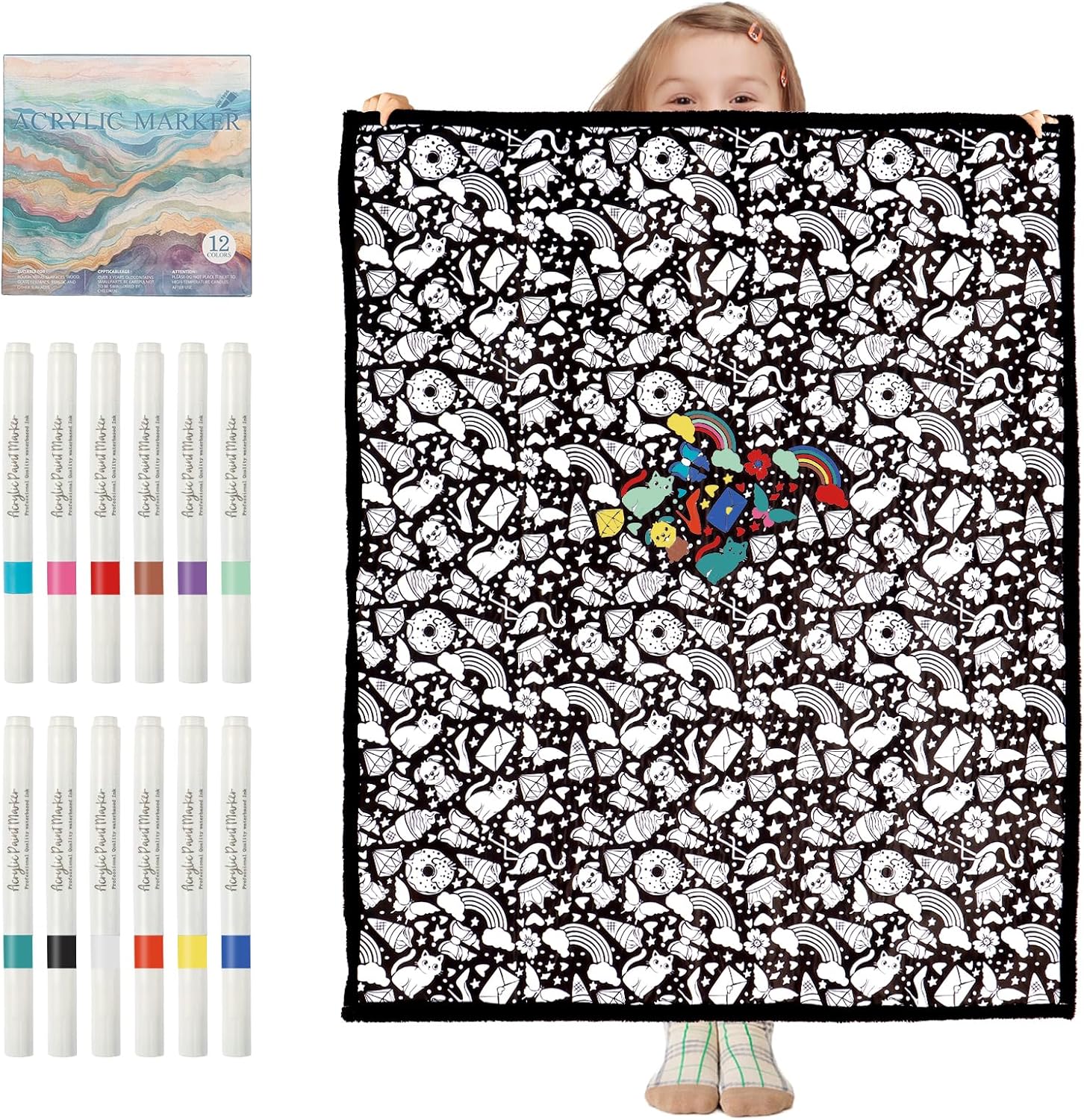 ZHOYIMIMI DIY Coloring Blanket for Adults, Color Your Own Blanket with 12 Markers, Washable Cozy Velvet Kit for Everyday Use & Home Decor, Adds a Unique Touch to Living Rooms or Kids' Spaces (Animal)