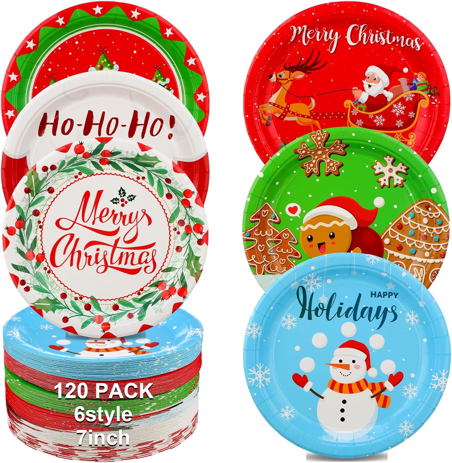 Sliner 120 Pcs Christmas Plates Paper Dessert Disposable Plates Santa Snowman Christmas Wreath Reindeer Gingerbread Man Design, for Christmas Party Supplies Christmas Decorations, 6 Styles (9 Inch)