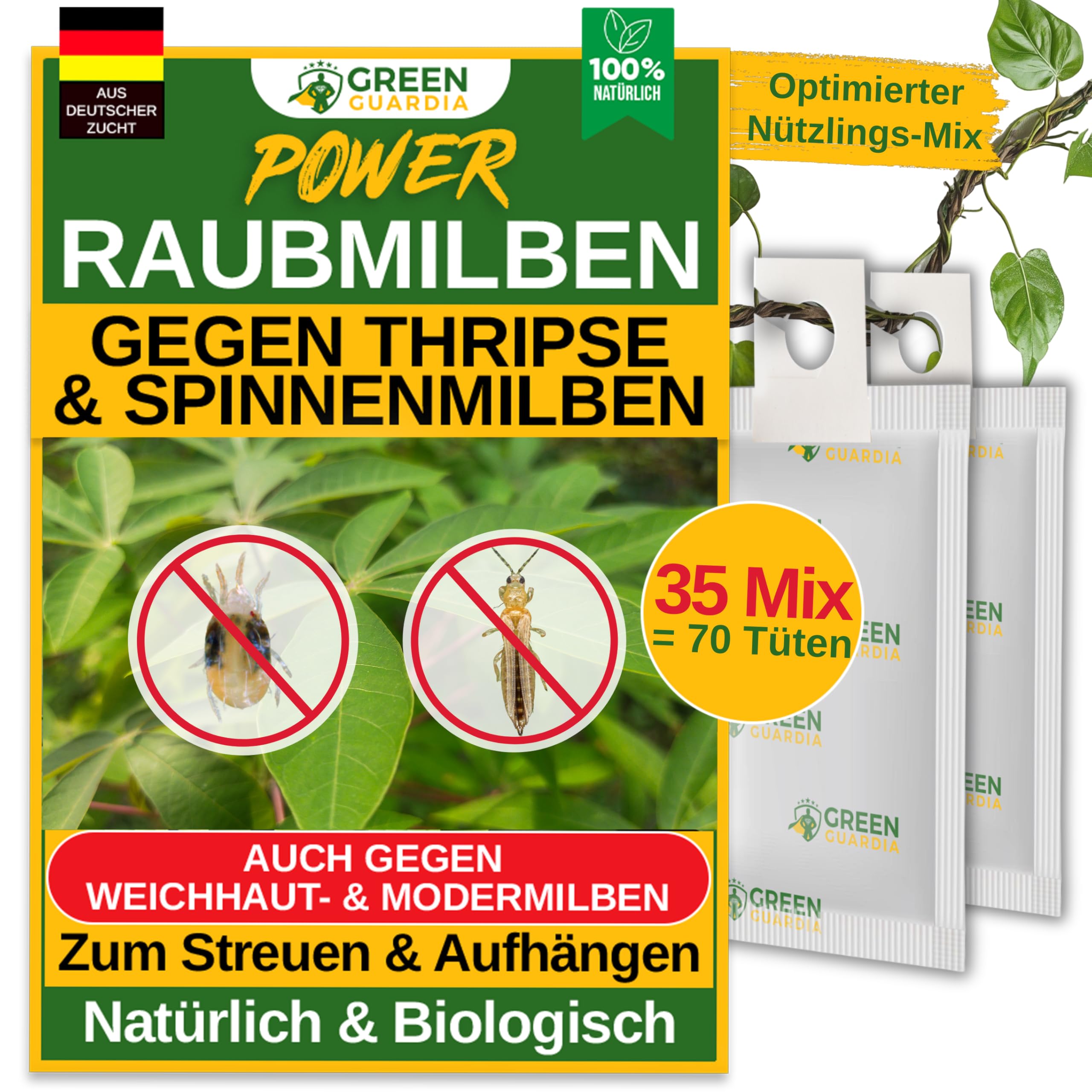 GREEN GUARDIA Power Raubmilben Mix gegen Thripse & Spinnmilben– 35 Mix mit 70 Tüten -Biologisches Mittel zur effektiven Thripse Bekämpfung–Umweltfreundlich, chemiefreie Mittel,einfache Anwendung