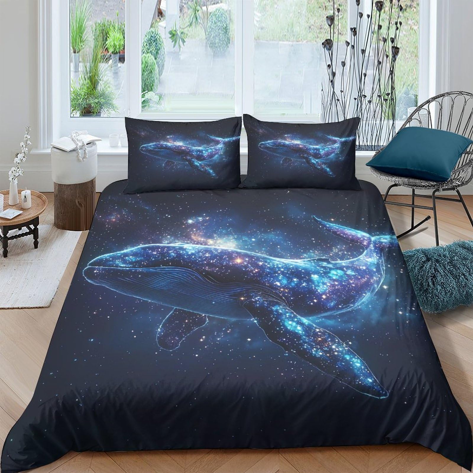GPLZQXKJNH 3D Printed Galaxy Whale Duvet Cover Set Microfiber Soft Breathable Cosmic Ocean Quilt Cover with 2 Pillowcases for Bedroom Single（135x200cm）