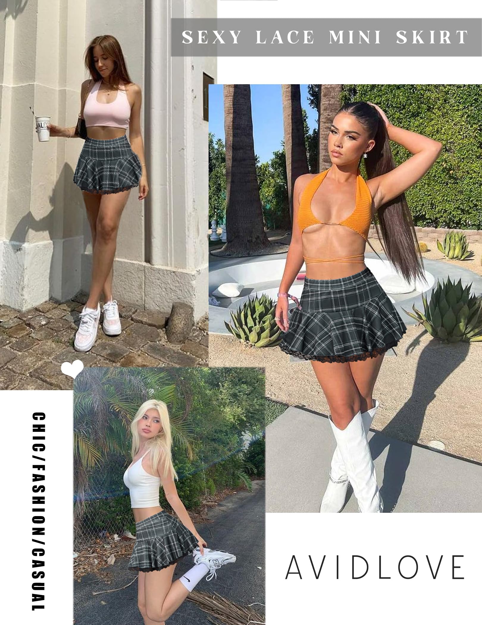 Avidlove Women Pleated Mini Skirt Sexy Lace Ruffle Solid Skirt Lingerie Short Skirts: Gray Plaid Small