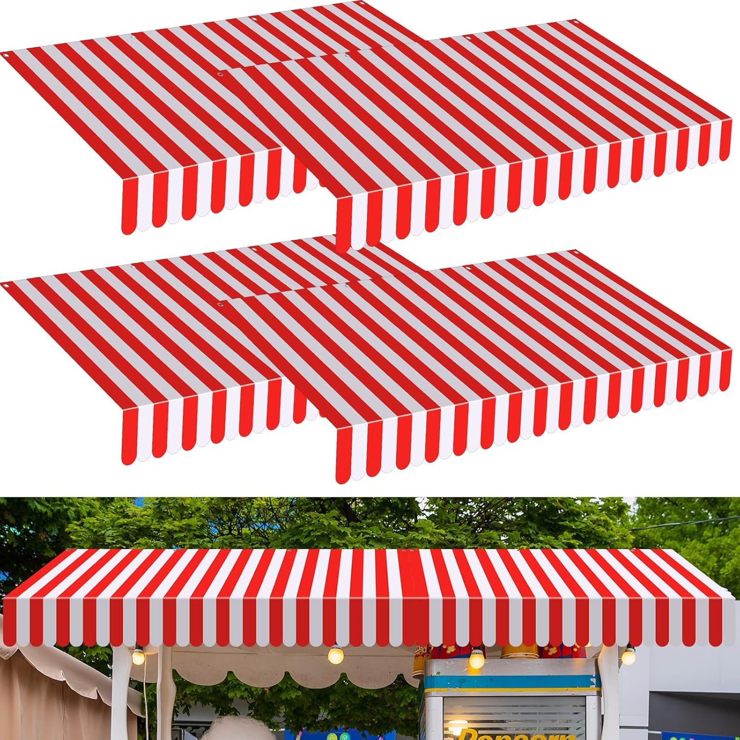 Preboun 4 Pcs 27.6''x 59'' Circus Awning Decor Decorations Striped Carnival Tent Awning Decorations Red and White Wall Decor Carnival Stand Mardigras Theme Party Photo Accessory