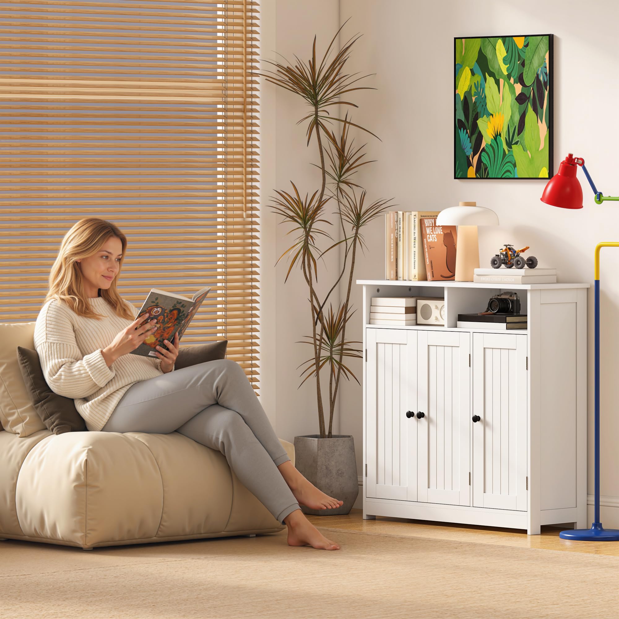 HOMCOM Mobile da bagno, armadio da bagno stretto con 3 ante, 2 scomparti aperti, ripiano regolabile, per soggiorno, cucina, 85x30x85 cm, bianco