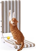 FUKUMARU Cat Scratching Post 48 cm L Shape Striped Pattern Wall Claw Cardboard Cat Tree with Indoor Ball Toy, Play Box Included