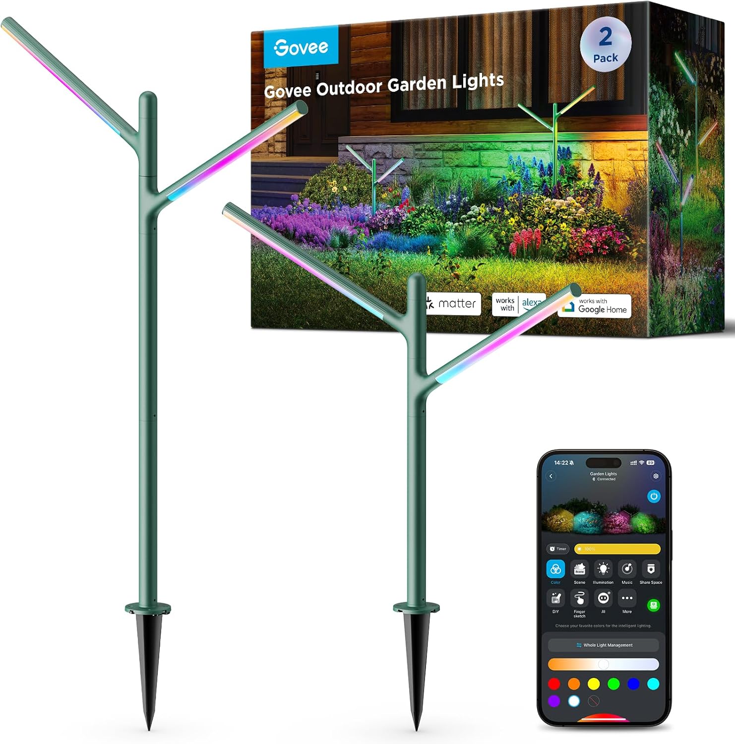 Govee Outdoor Garden Lights 2 Pack, RGBWWIC Smart LED Pathway Lights for Halloween Decor and Christmas, 16 Million Colors and 64 Scenes, IP66 Waterproof for Outdoor Patio, Works with Alexa, Matter