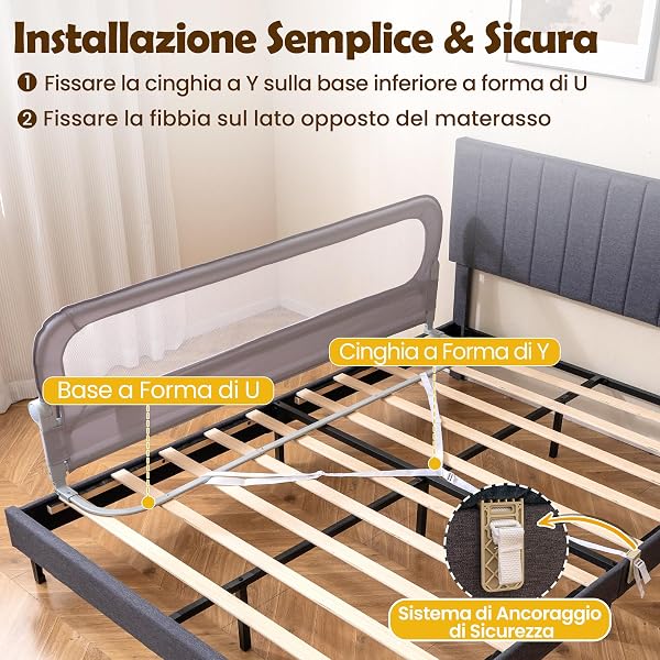 COSTWAY Children's Bed Rail 80/120/150/180 cm, Baby Safety Barrier, Height Adjustable 3 Levels, Folding Bed Barrier, with Safety Strap (180 cm, Grey) - 3