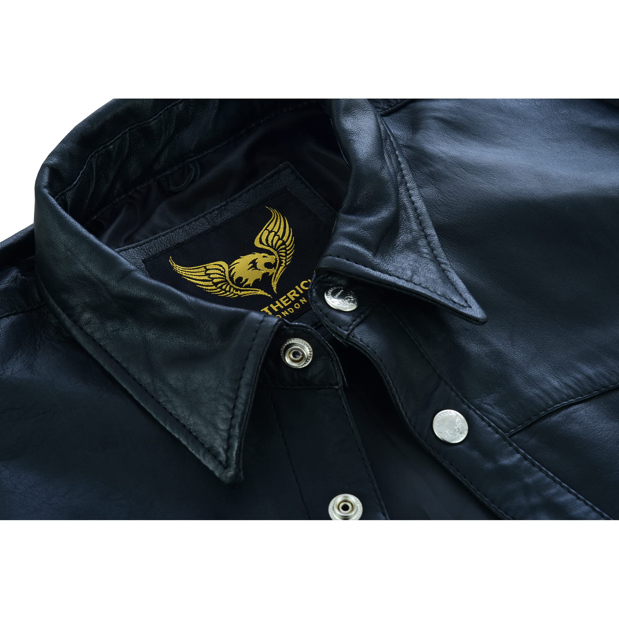 Leatherick Camicia da Uomo in Pelle - Camicia Classica Casual in Montone con Colletto Nero e Bottoni in Ottone Argento