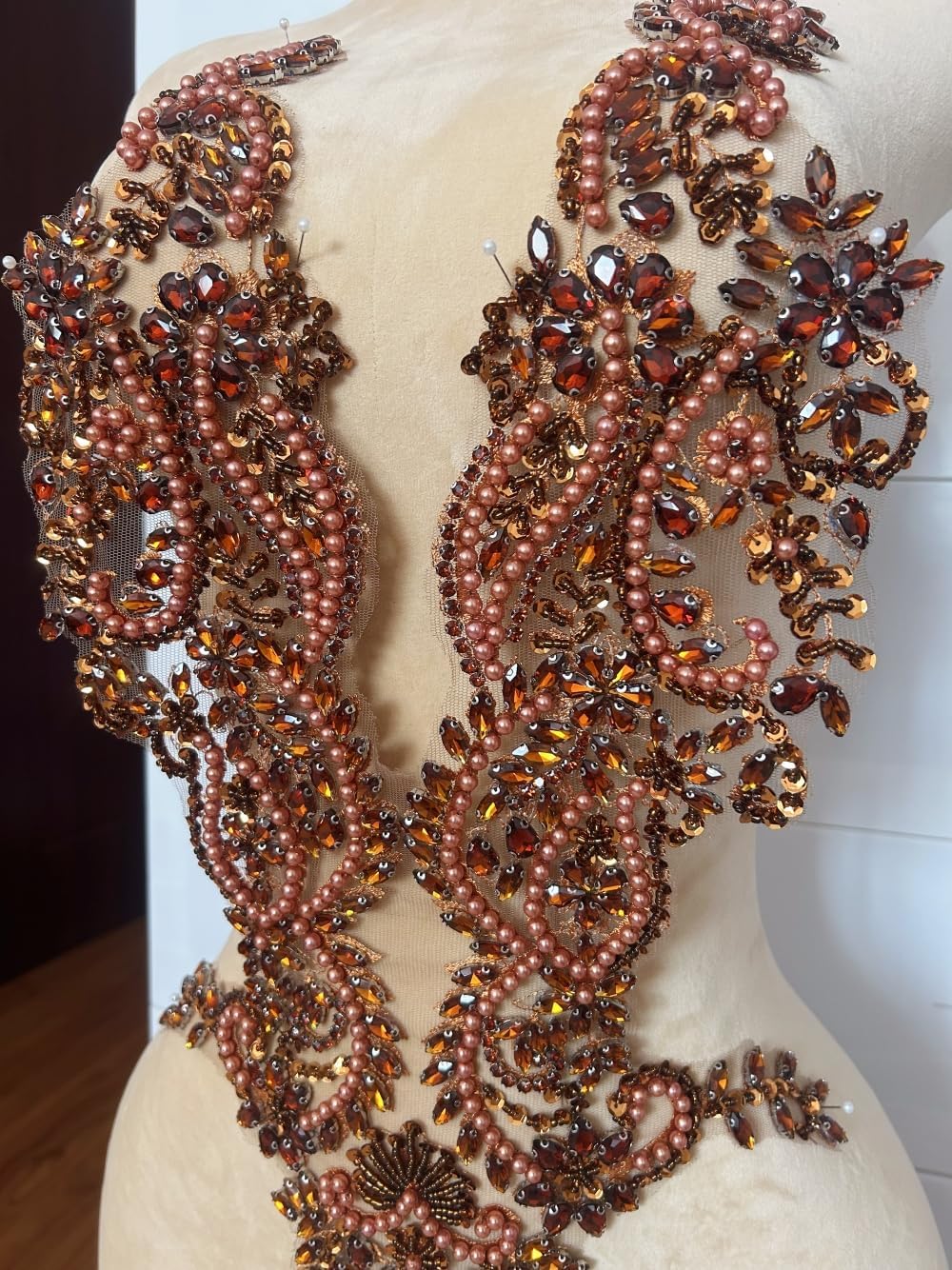 Costumes Evening Dress Appliques Sewing on Lace,Beaded Rhinestones Crystals for Sew on Front Bodice Ornaments Prom Dance Gown DIY Crafts (Brown)