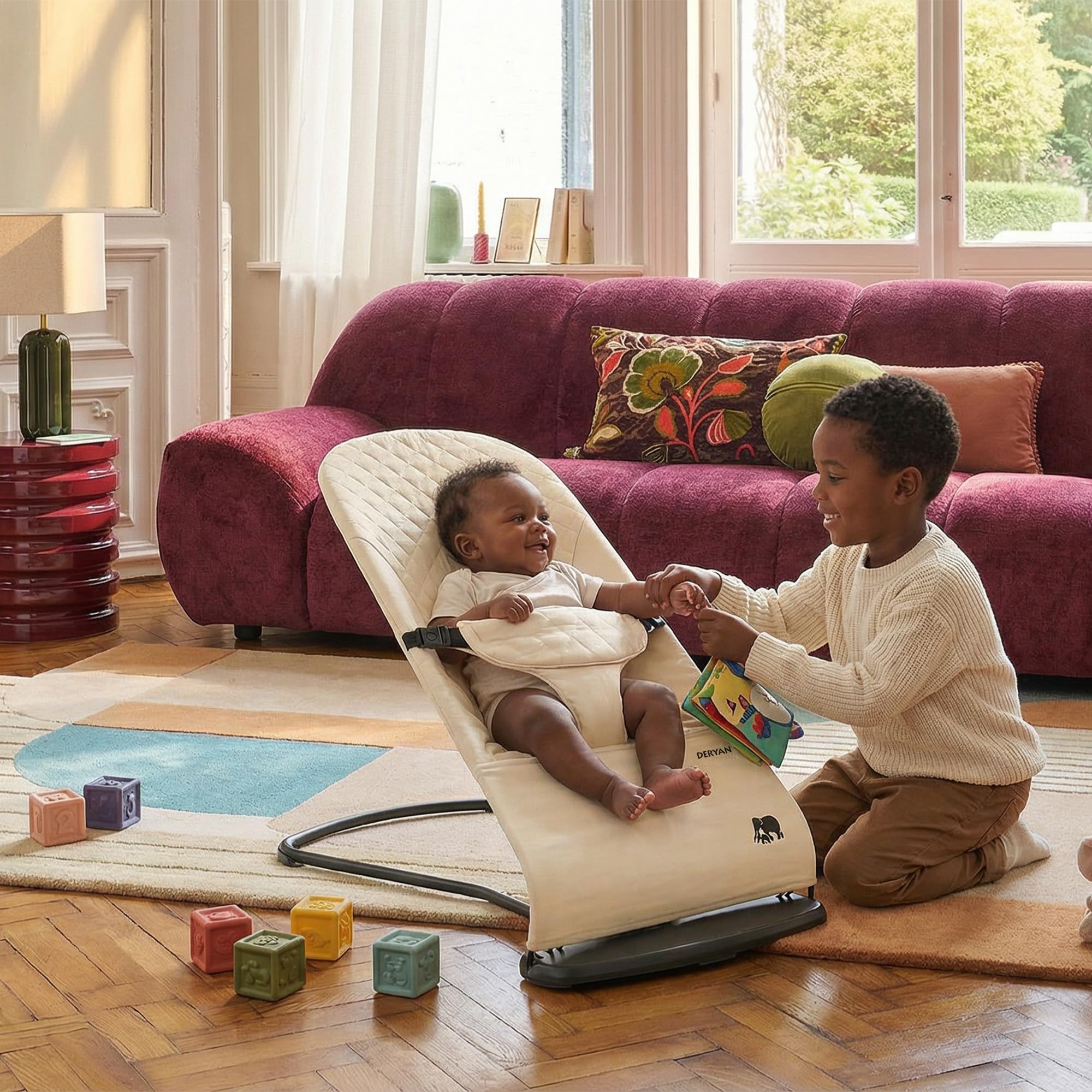 DERYAN Buddy – Balancín para bebé – Ergonómico y suave – Ajustable y plegable – Balancín de viaje para bebés 0 – 9 kg – Crema