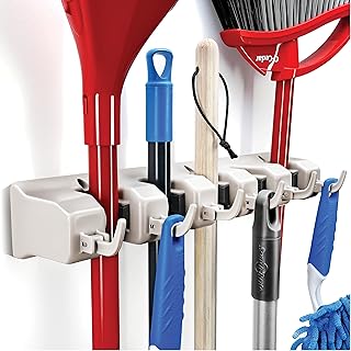 Home-it It Mop and Broom Holder, 5 Position with 6 Hooks Garage Storage Holds up to 11 Tools, Storage Solutions for Broom ...
