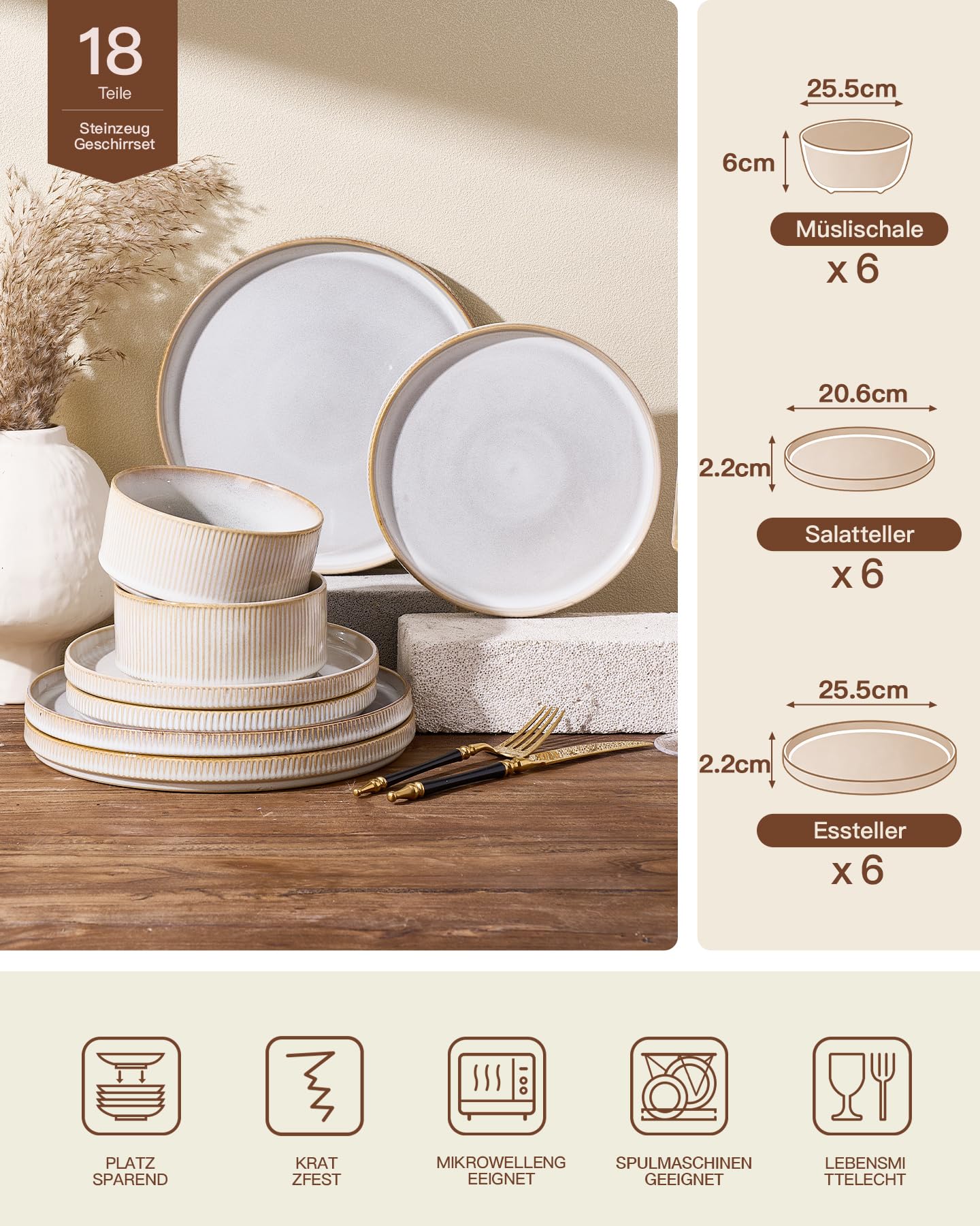 Richmount Star 18-teiliges teller set, Geschirrset 6 personen, Steingut Geschirr Set, Anti-Kratzer Tafelservice, Mikrowellen & Spülmaschinenfest, Cappuccino Weiß