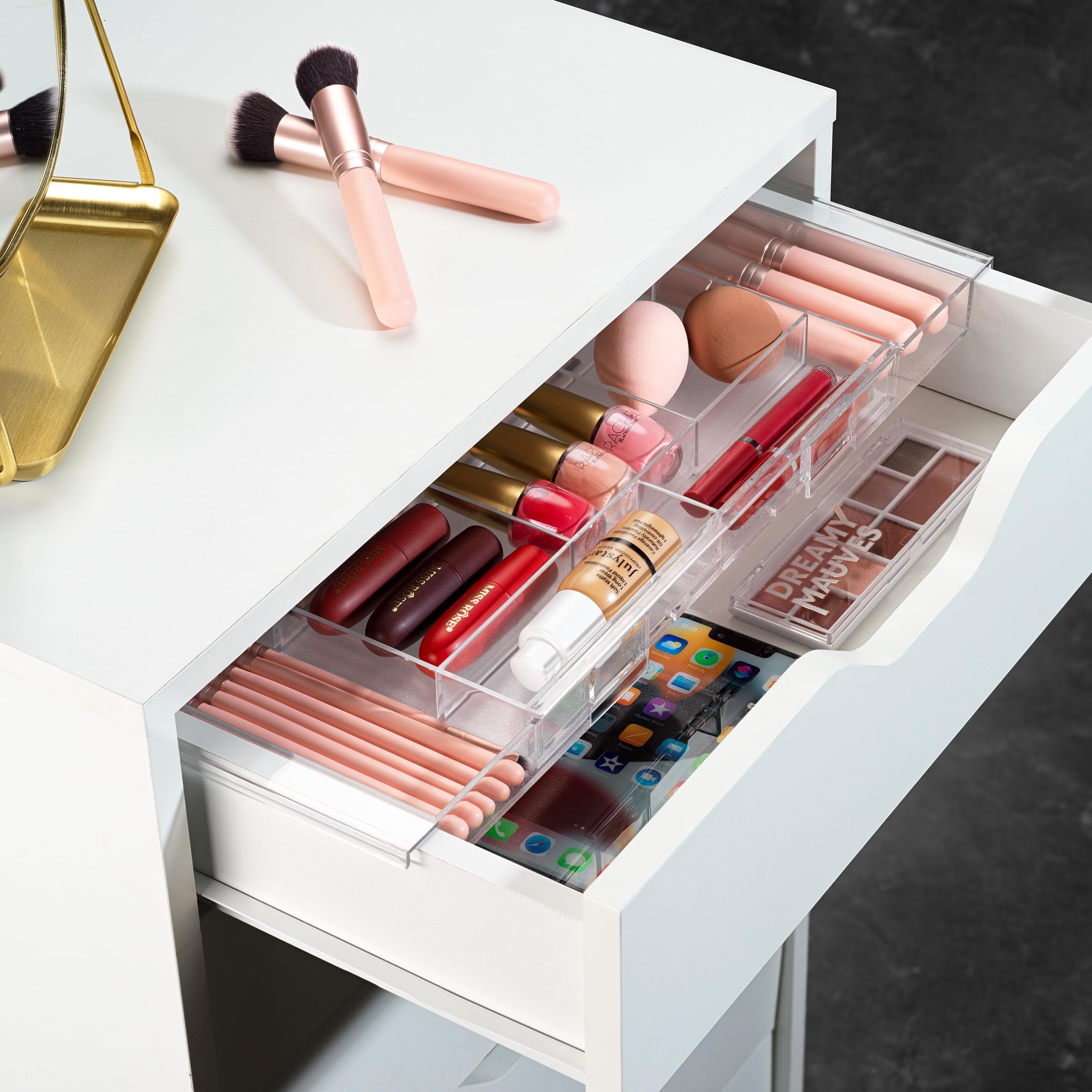 Masirs Expandable Drawer Organizer - Customizable Makeup Vanity Organizing Storage Tray for Bathroom, Bedroom & Desk Drawers - Clear Plastic Cosmetics Organizers with Expanding Compartment (Set of 2)