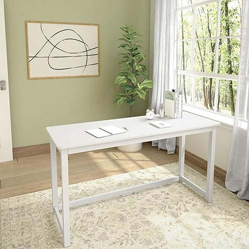 Plank+Beam Escritorio de madera maciza, escritorio simple para dormitorio, escritorio de estudio de oficina en casa, 55.25 pulgadas, blanco