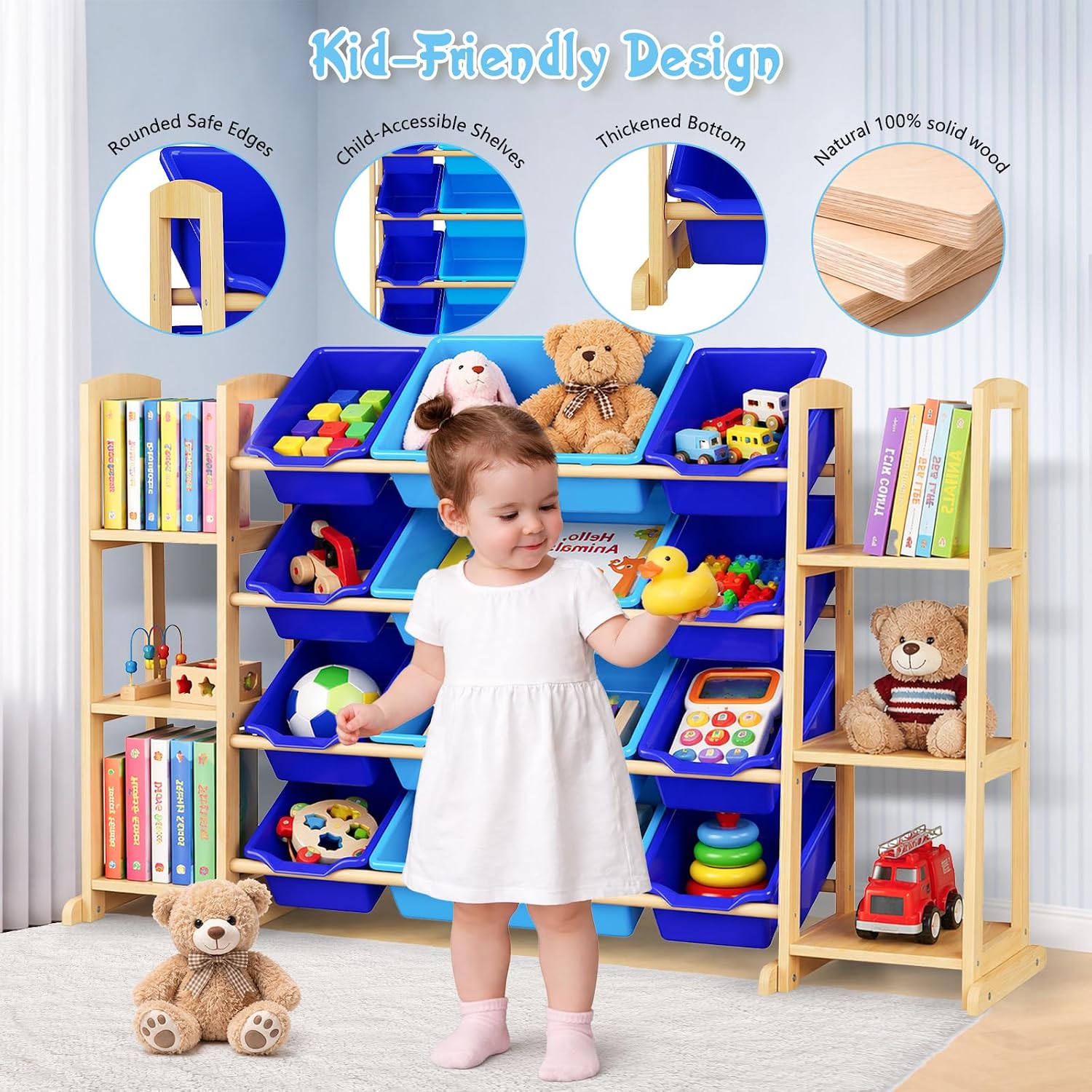Kids Toy Storage Organizer with Bookshelf – Wooden Shelf with 12 Bins & 6 Shelves, Quick Assembly Storage Rack for Playroom, Bedroom, Nursery– Blue image 3