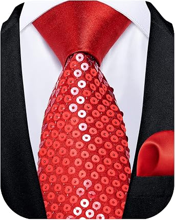 DiBanGu Skinny Sequin Ties for Men Solid Satin Tie and Pocket Square Set Wedding Party Business Formal Necktie