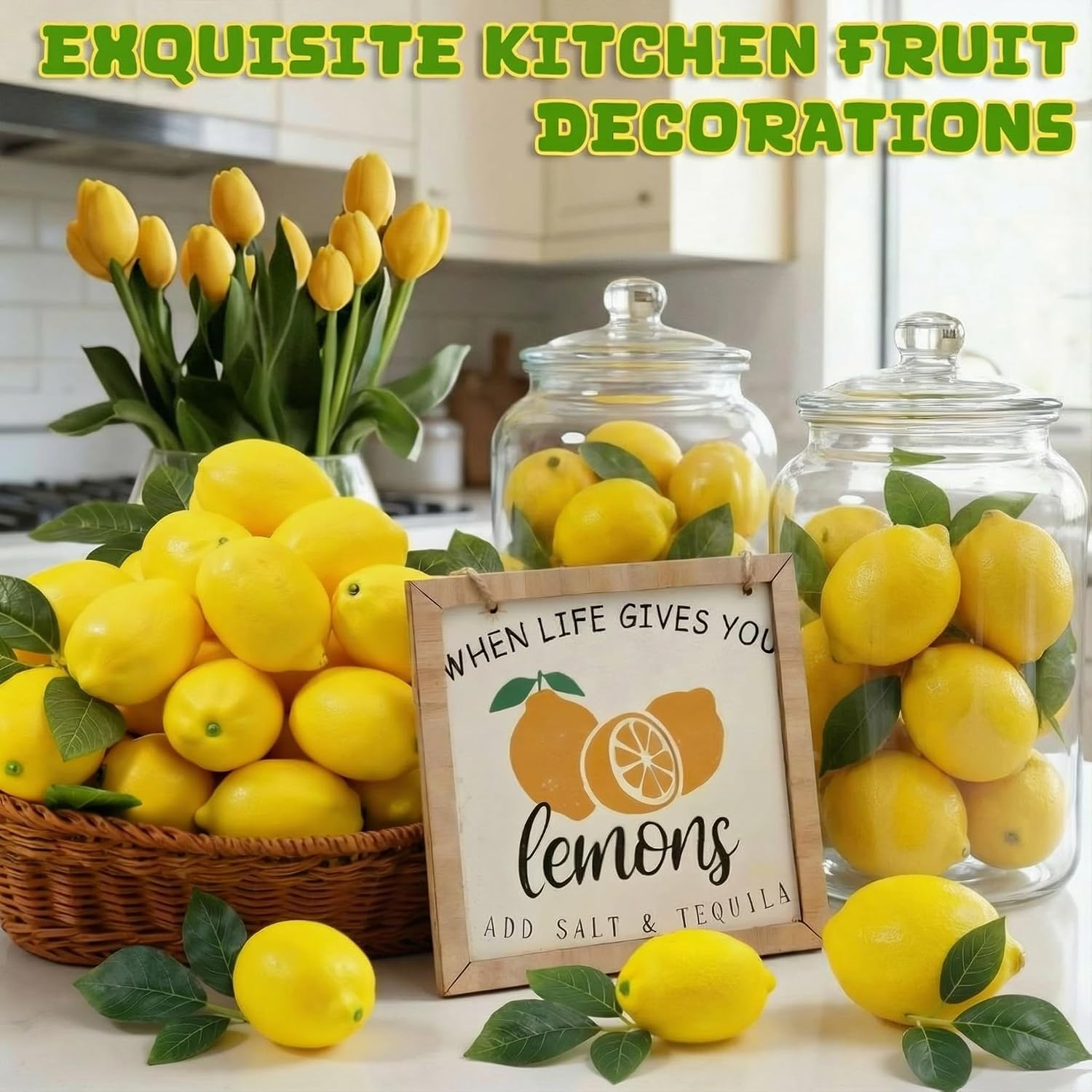 Norme 56 Pcs Artificial Lemon Table Centerpieces, Faux Yellow Lemons Artificial Fake Lemon Leaves and Wooden Desktop Sign Decor for Lemonade Party Home Kitchen Table Summer Decor Photography Props
