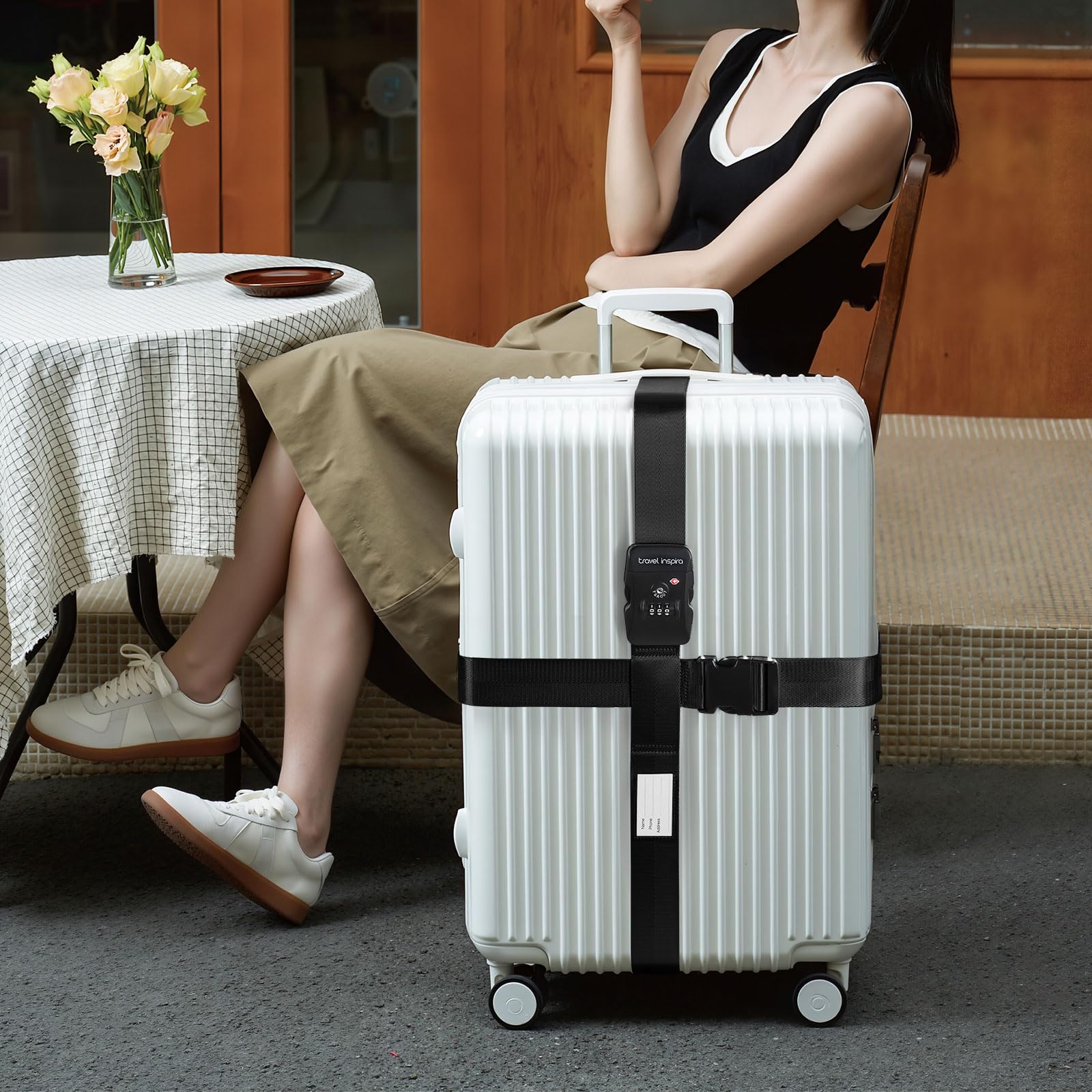 Travel Inspira Cintura antifurto per valigie con serratura TSA | Nylon resistente; serratura approvata TSA con etichetta; regolabile 103-200 cm; cinturino nero sicuro; borse da 20-28 pollici