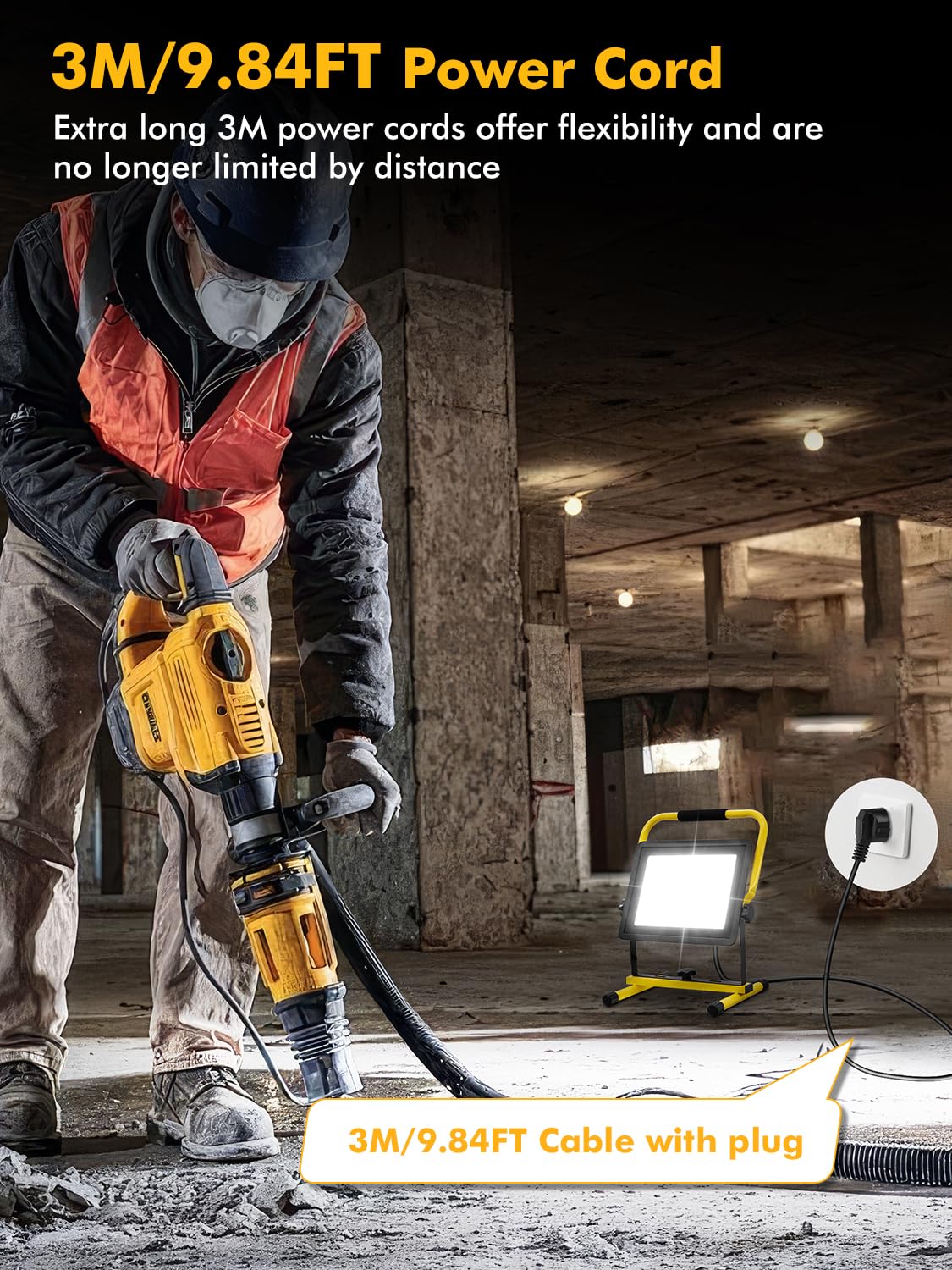 Foco de Trabajo LED 100W,10000LM Foco LED Portátil con Enchufe & Cable de 9.84FT,6500K Blanco Giratorio 360º Frio Luz de Trabajo LED,IP66 Impermeable Foco LED Exterior para Obras, Jardines
