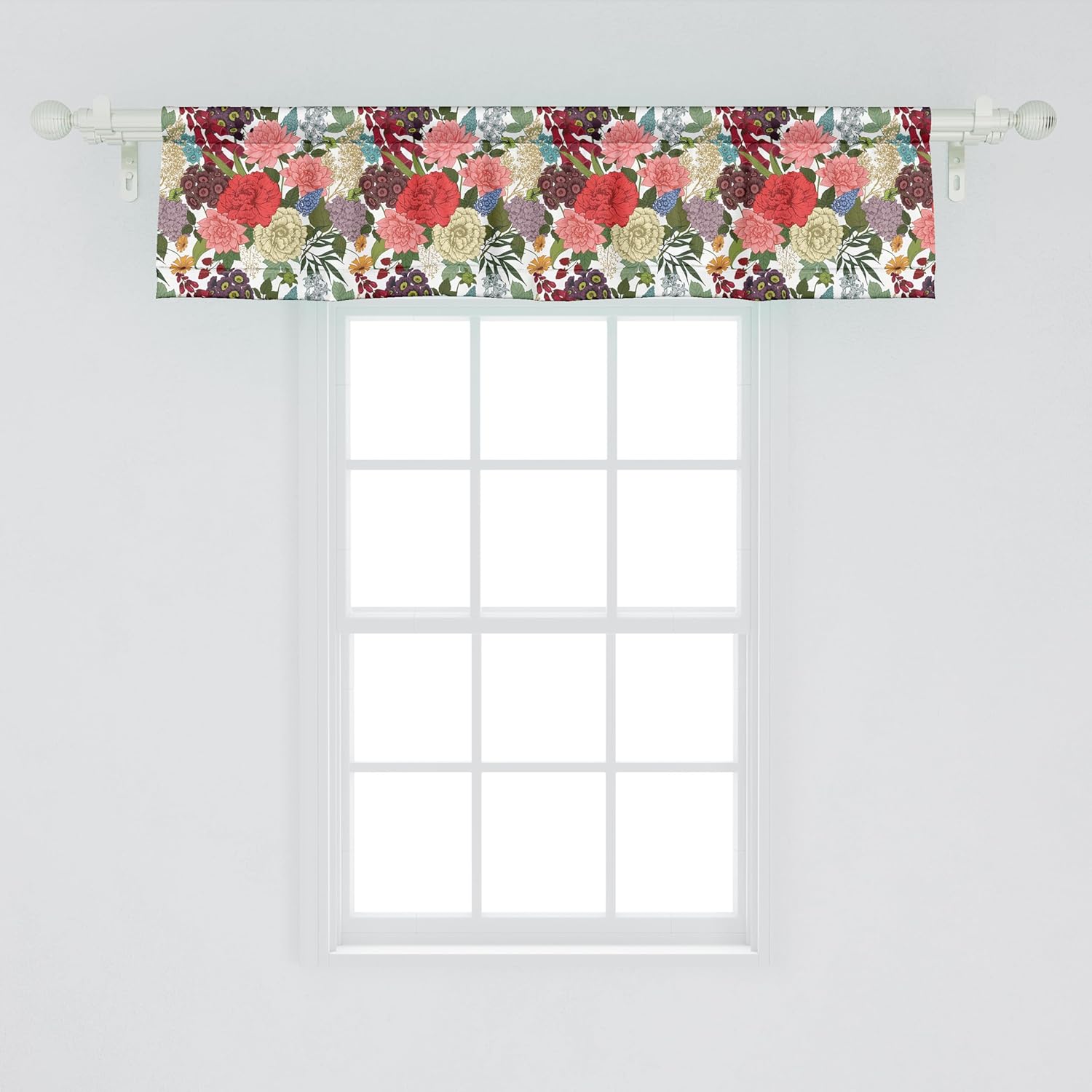 Ambesonne Floral Window Valance Pack of 2, Hand Drawn Foxglove Hydrangea Primrose and Hyacinth Summer Foliage Romantic Design, Rod Pocket Curtain Valances for Kitchen Bedroom, 54" X 12", Ruby Cream