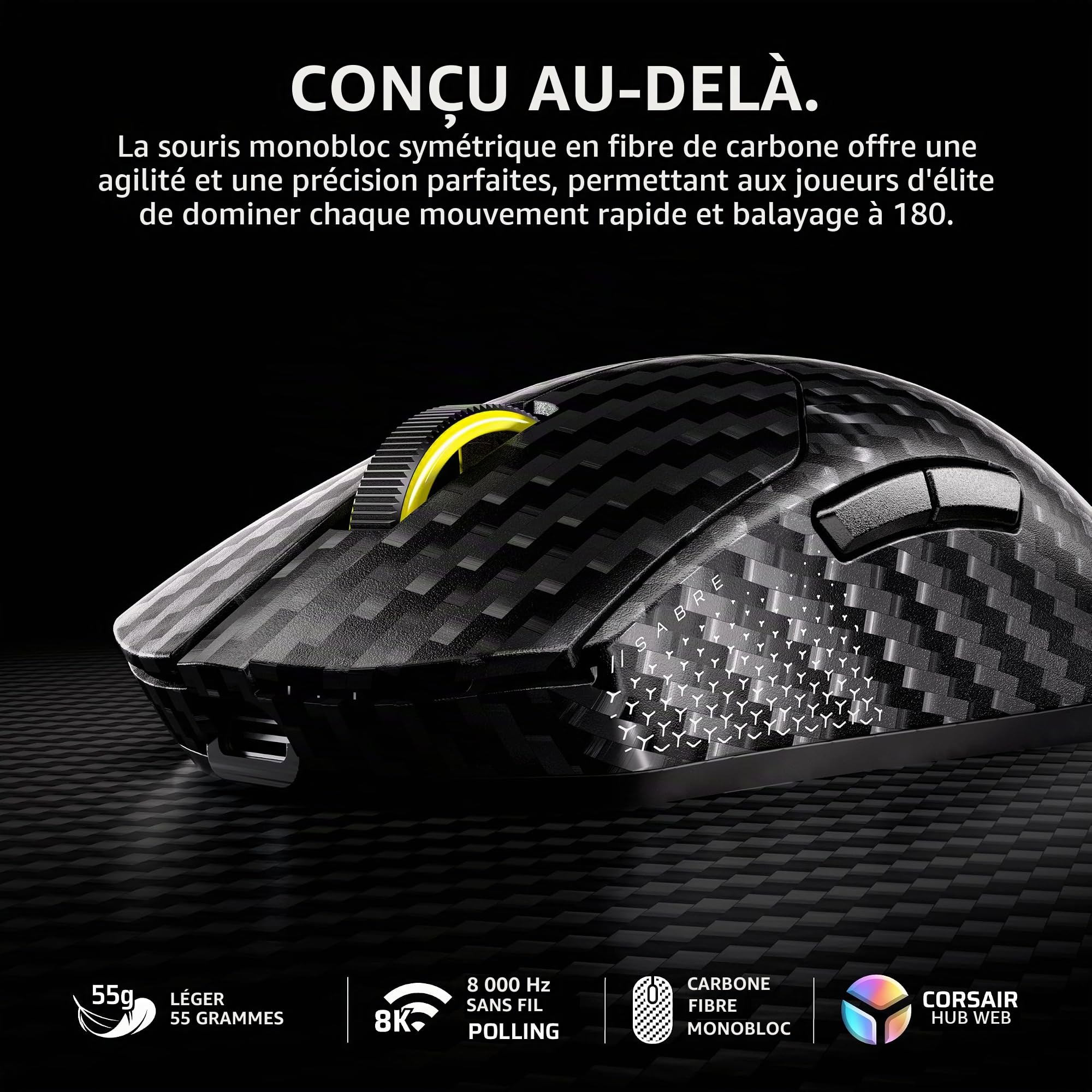 Corsair Sabre v2 Pro Souris de Jeu sans Fil CF FPS – Capteur Marksman S 33 000 DPI, Hyper-Polling 8 000 Hz, monocoque en Fibre de Carbone, légère, Batterie jusqu'à 120 Heures – Noir