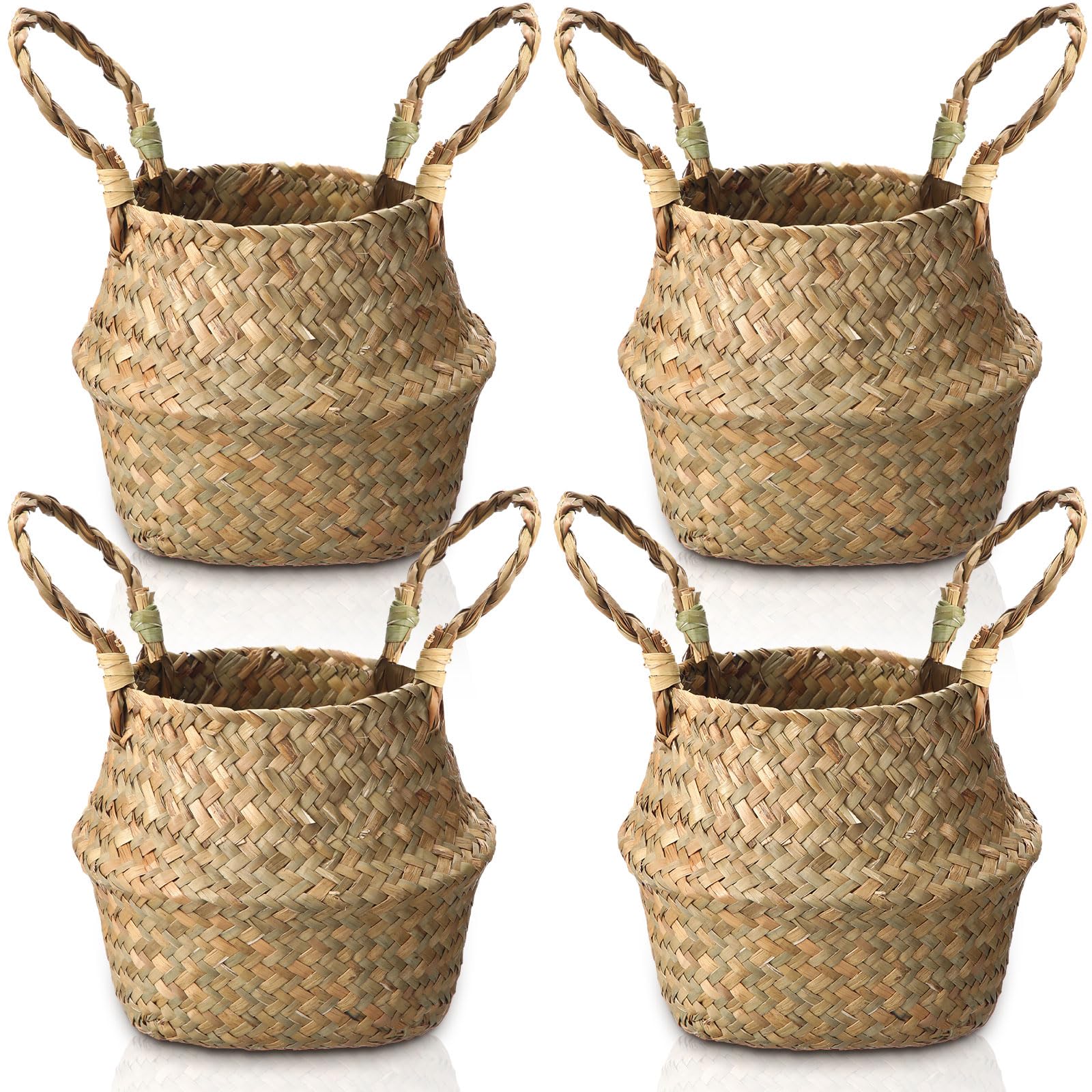 Qunclay 4 Pcs Woven Seagrass Baskets Belly Basket Folding Boho Natural Plant Pot with Handles Round Decorative Wicker Large Indoor Planter for Home