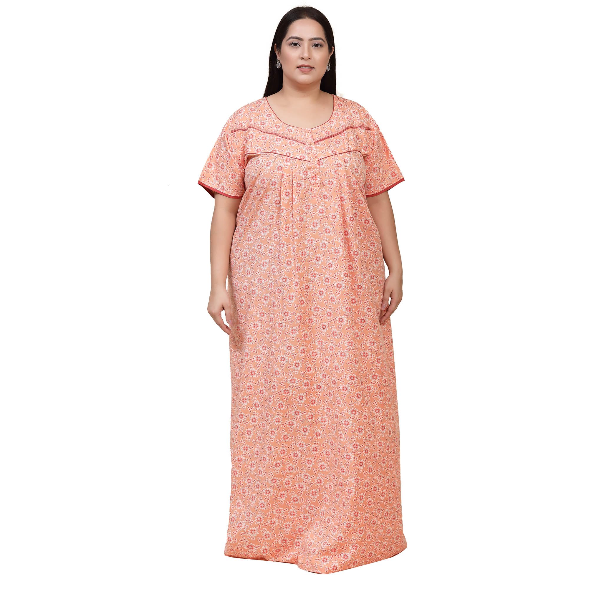 sweet dreams Women Floral Print Half Sleeves Cotton Blend Maxi Nightdress Peach-picture-14