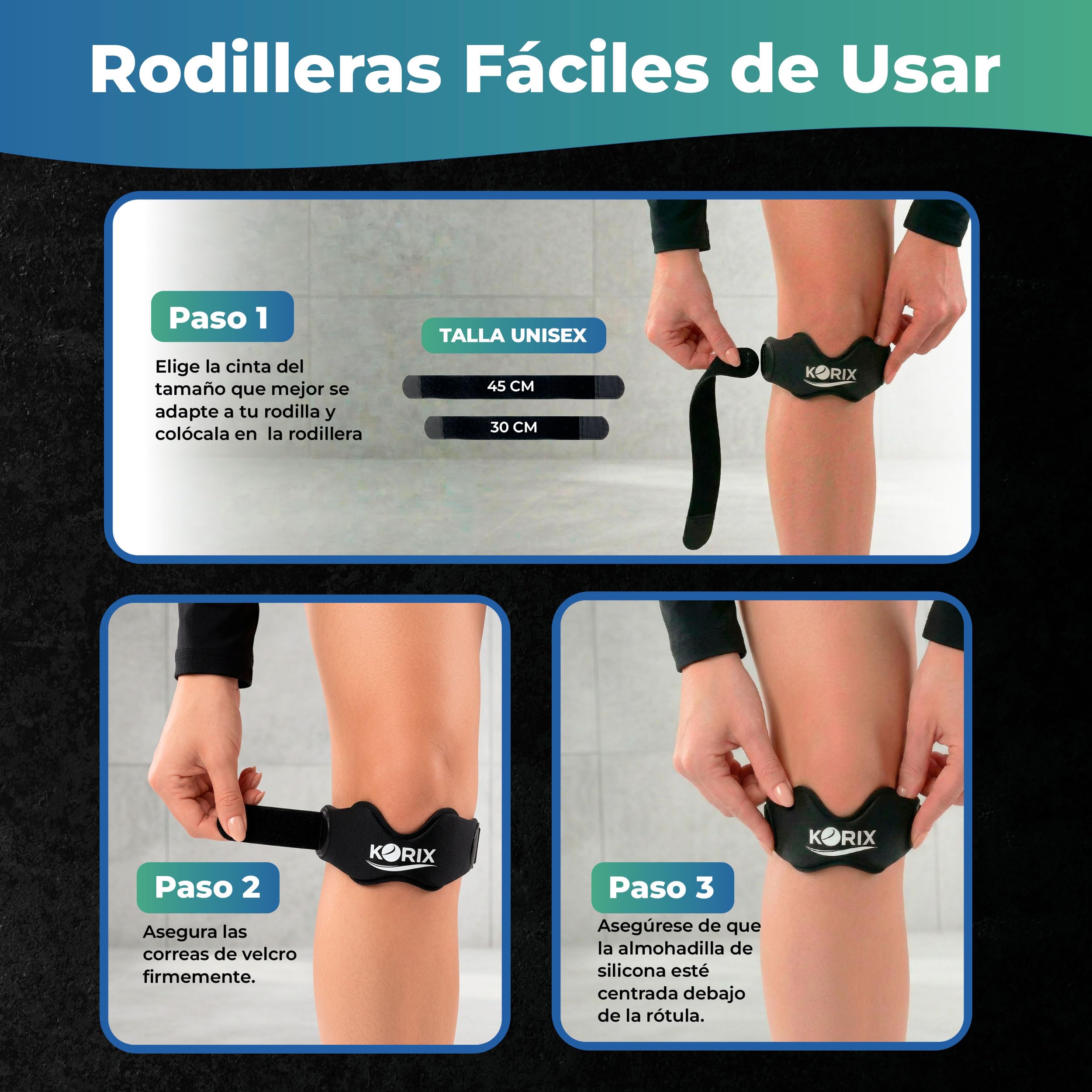 KORIX Pack Premium 2 Rodillera Rotuliana Deportiva Silicona + 2 Bandas Elásticas + 4 Correas Ajustables + Guía Ejercicios + Bolsa | Cinta Rotuliana Estabilizadora | Antideslizante | Última Generación