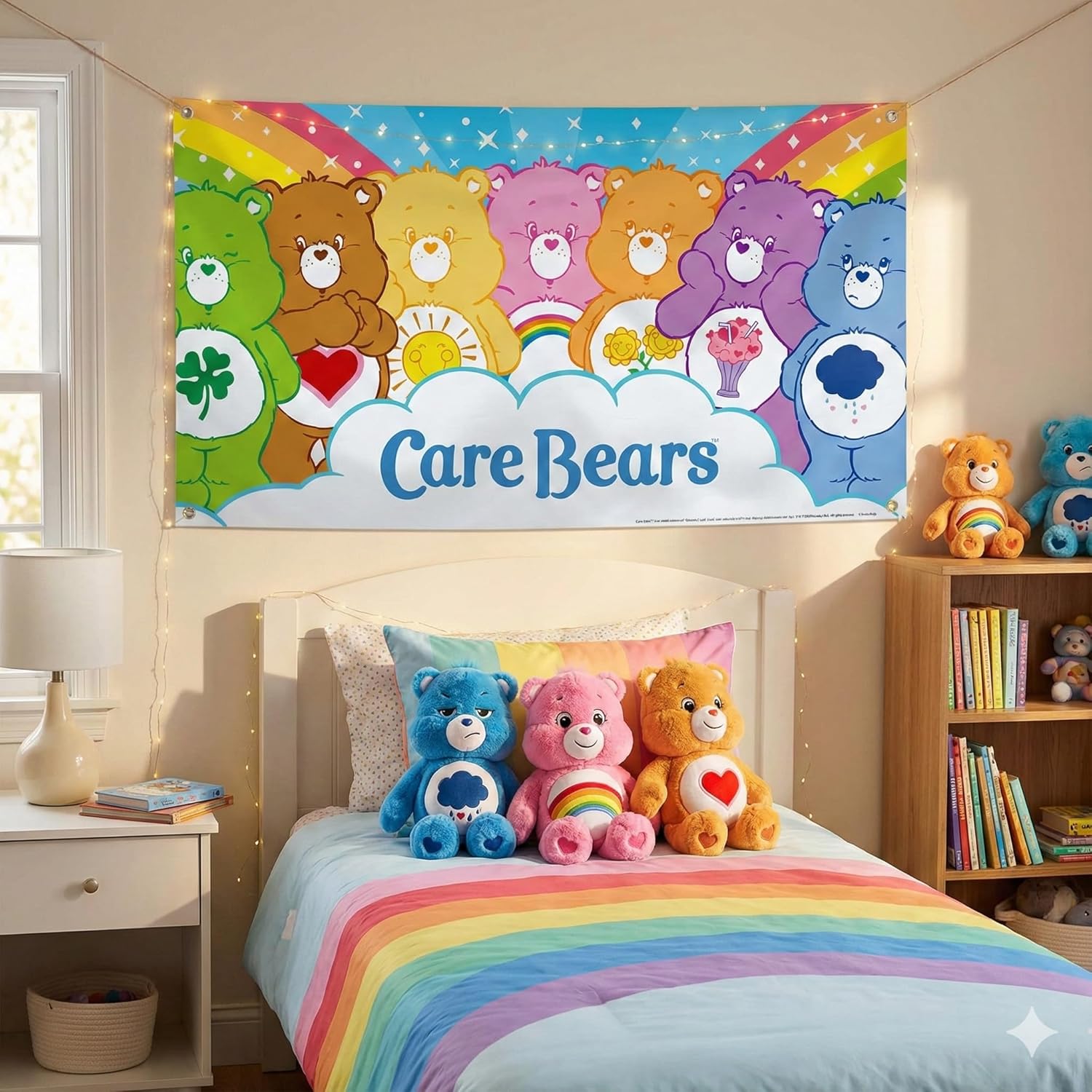 Prime Party Care Bears Large Vibrant Wall Decoration - 5x3 ft Banner with Cheer, Tenderheart, Grumpy, and Funshine - Perfect for Care Bears-Themed Birthdays, Playdates, and Events